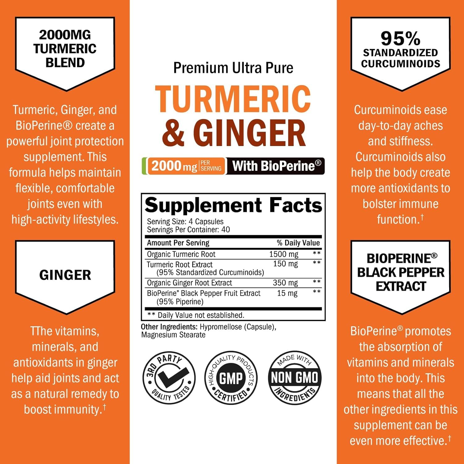 Turmeric Curcumin and Ginger 2000mg with BioPerine for Maximum Absorption, 95% Standardized Curcuminoids Natural Turmeric Supplement for Joint & Immune Support - Gluten-Free, No-GMO, 160 Capsules - Image 4