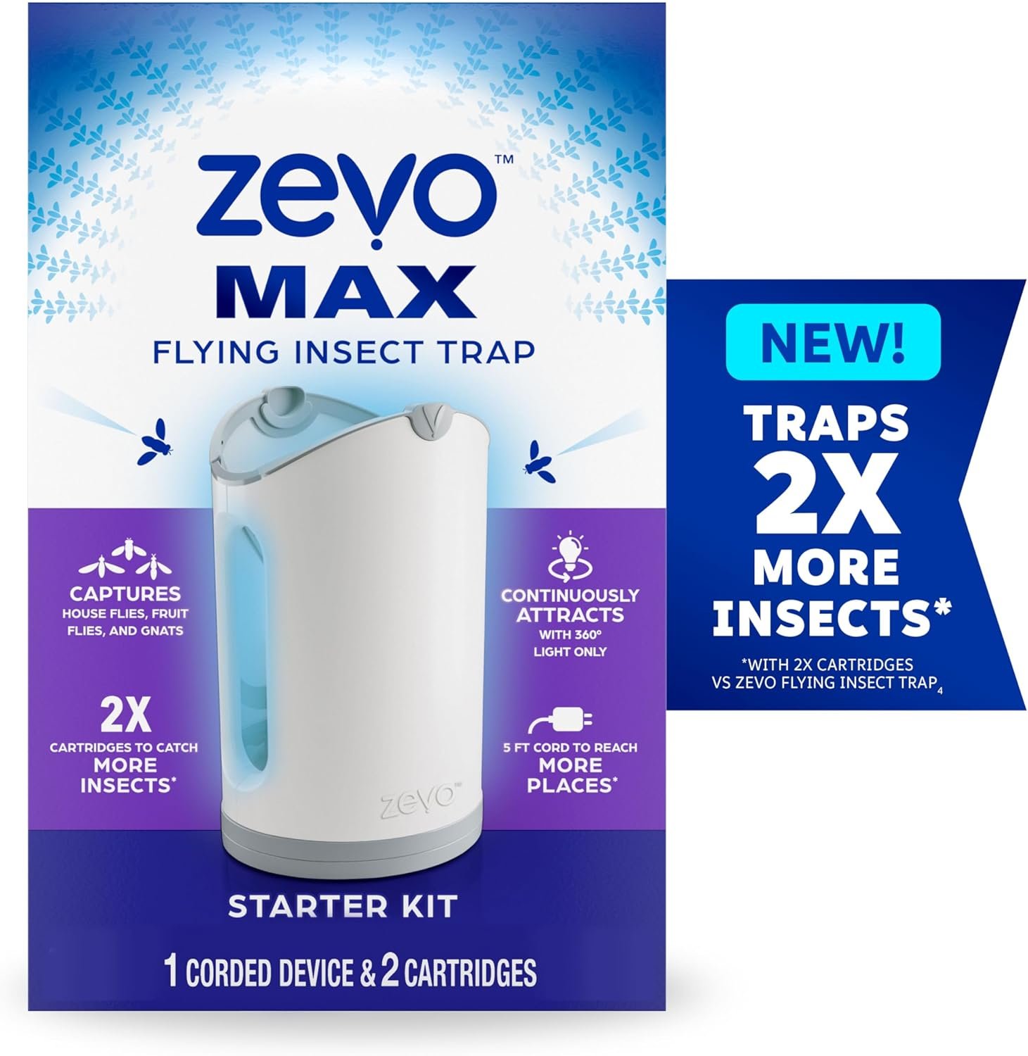 Zevo MAX Flying Insect Trap, Fly Trap Captures Houseflies, Fruit Flies, and Gnats (1 Plug-in Base + 2 Cartridges) - Image 2