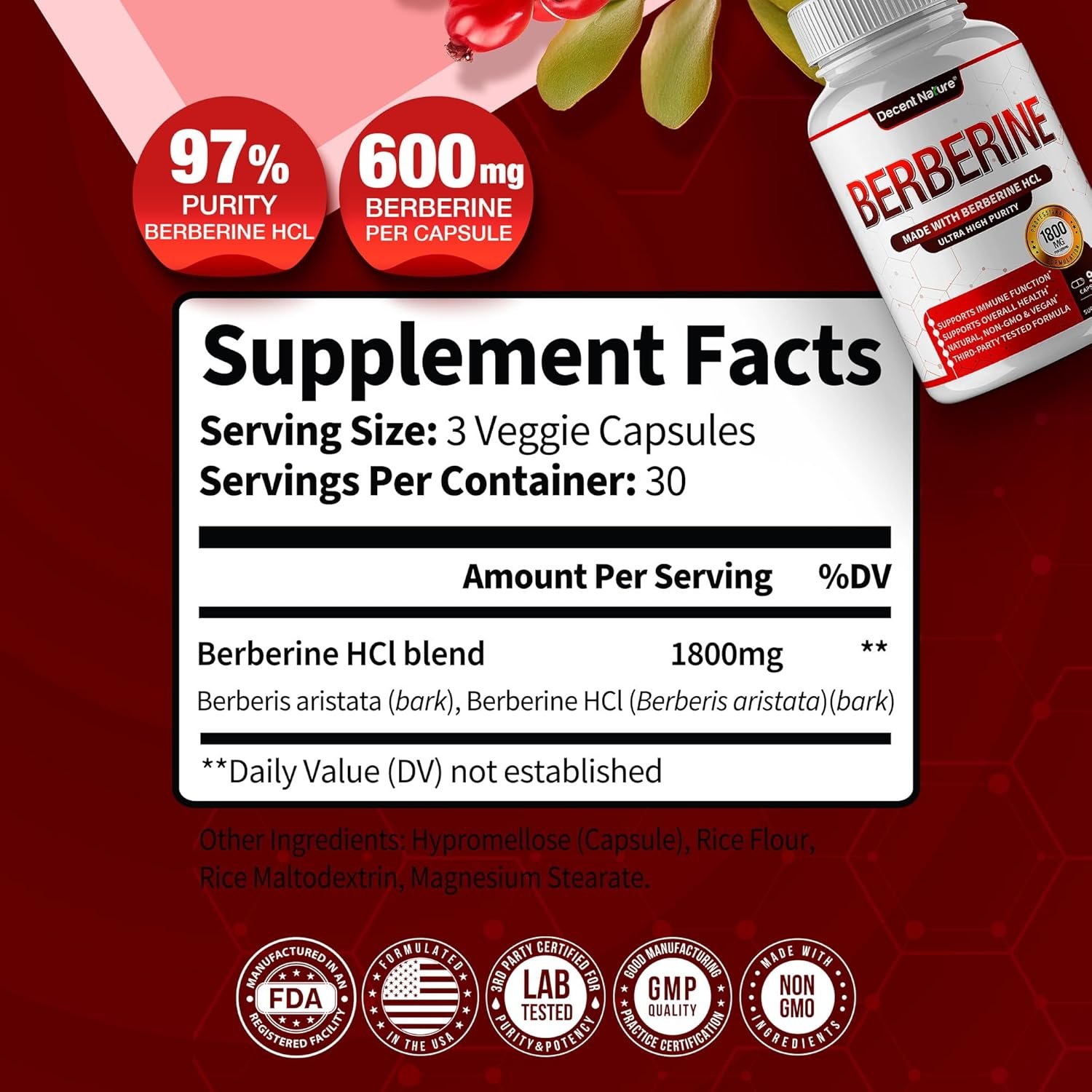 Berberine Supplement 1800mg - Premium Berberine HCl 97% High Purity Berberine Plus, Supports Immune System, High Potency Berberine Hydrochloride, Non-GMO Vegan, for Men Woman 90 Capsules - Image 3