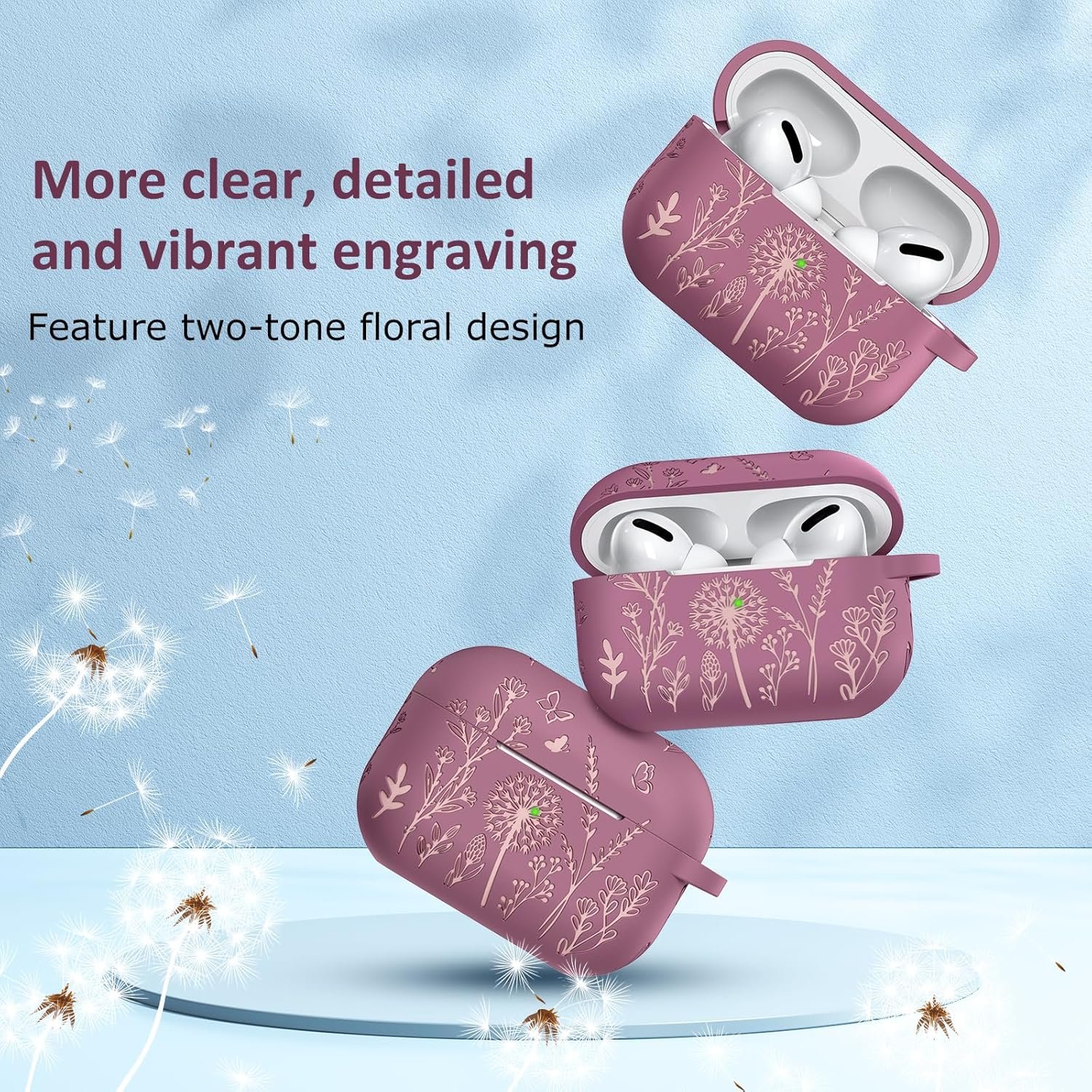 Minyee Airpods Pro 2nd Generation Case, Cute Floral Engraved Soft Silicone Two-Tone Protective Cover Compatible with Apple Airpods Pro 2nd & 1st Generation Case with Keychain Women, Violet Smoke/Pink - Image 3