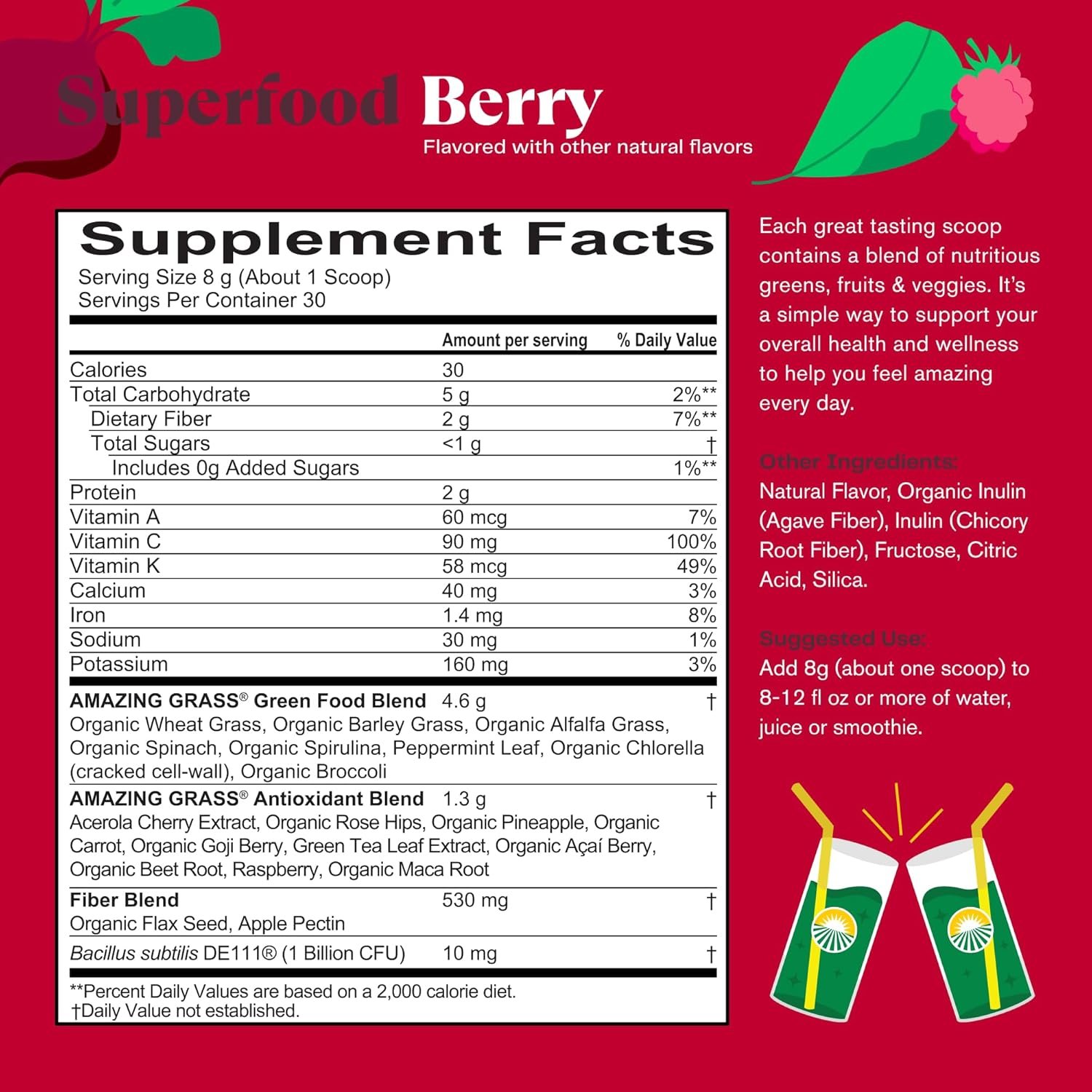 Amazing Grass Greens Superfood Powder: Greens Powder with Digestive Enzymes & Probiotics, Organic Spirulina, Chlorella, and Beet Root Powder, Berry, 30 Servings (Packaging May Vary) - Image 6