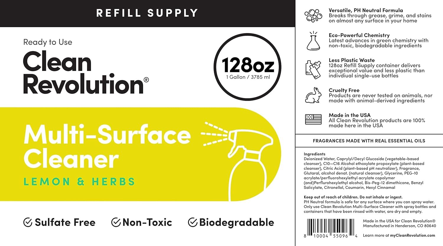 Clean Revolution Multi Surface Cleaner Refill Supply, Non-Toxic, Eco-Friendly & Plant-Based, Ready to Use, Lemon & Herbs, 128 Fl Oz (1 Gallon) - Image 5