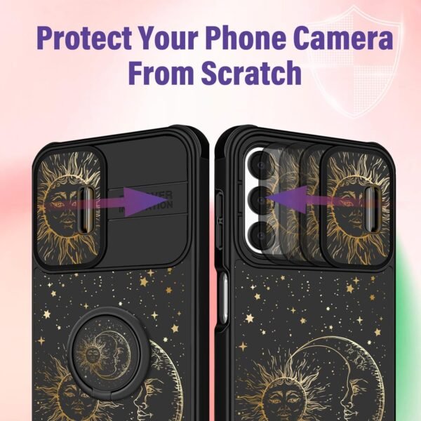 (2in1 for Samsung A14 5G Case for Women Cute Girls Cover Sun Moon Stars Fun Funny Girly Kawaii Aesthetic Cool Black Design with Camera Cover and Ring Stand for Samsung Galaxy A14 5G Case - Image 5