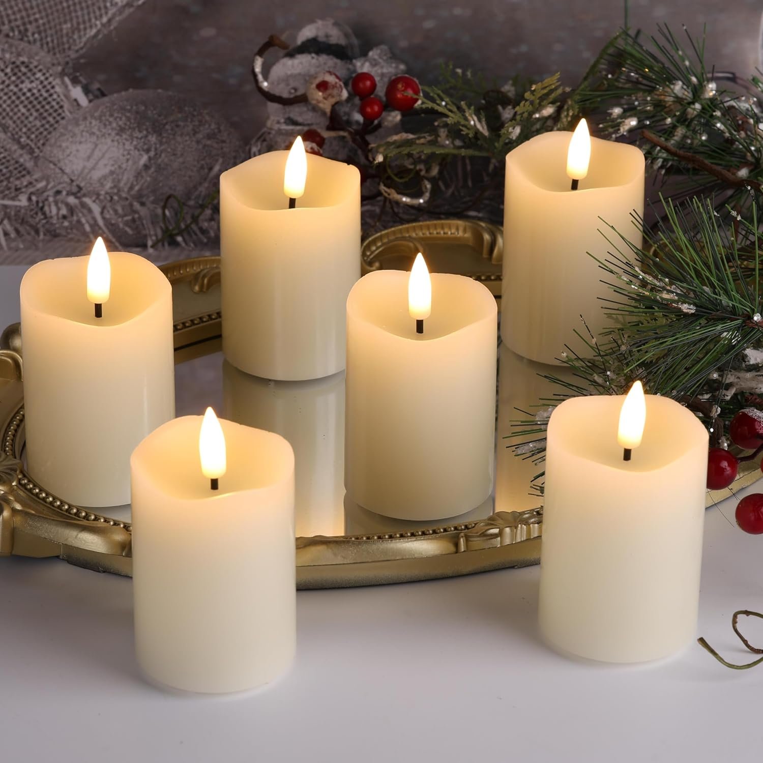 Eywamage Timer Flameless Votive Candles 2 inch x 3 inch , Flickering Small LED Pillar Candles Batteries Included, Ivory Christmas Home Decor 6 Pack with 5 hours timer - Image 6