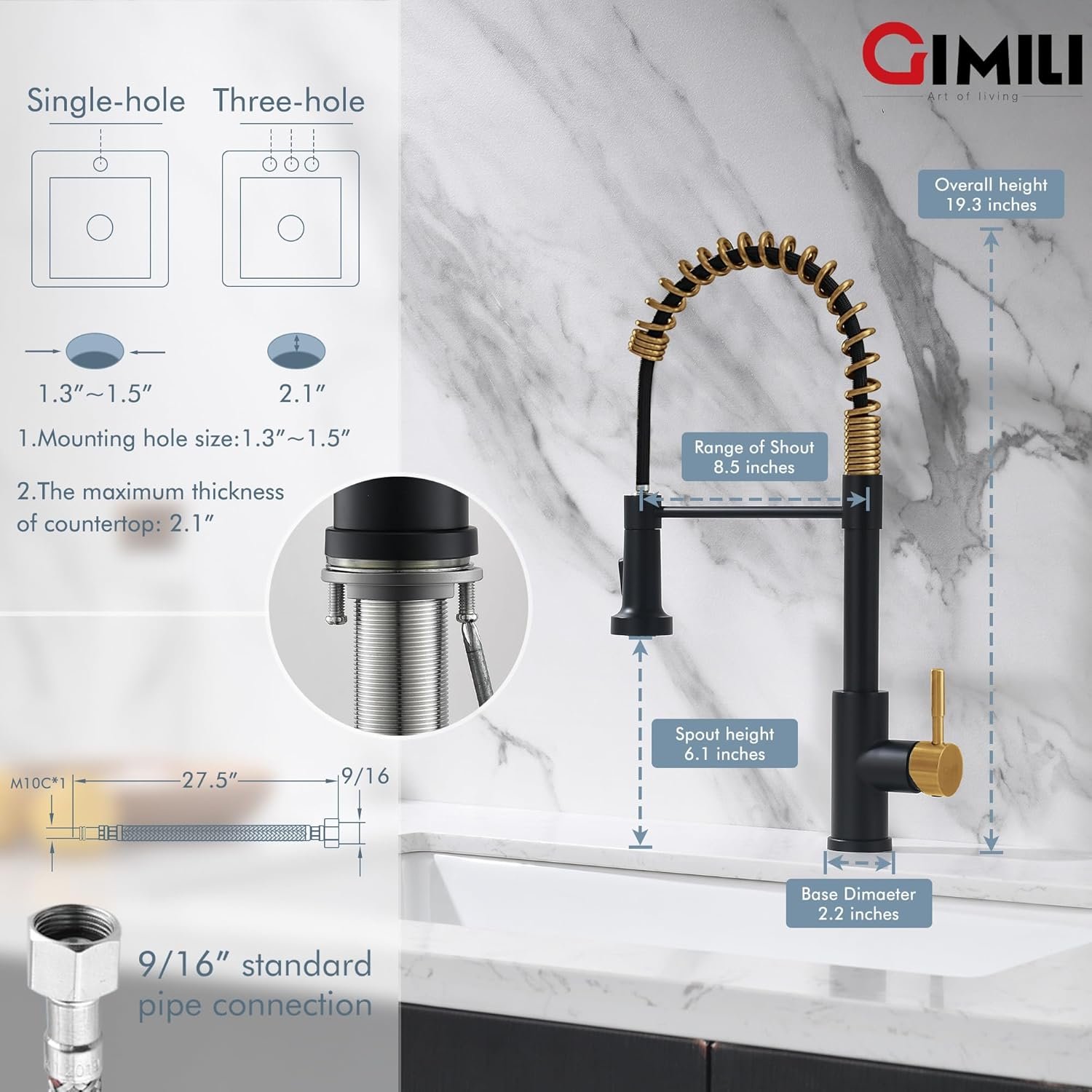 GIMILI Black and Gold Kitchen Faucet with Pull Down Sprayer, Single Handle Spring Kitchen Faucet, RV Farmhouse Utility Bar Laundry Faucet for Kitchen Sink - Image 3