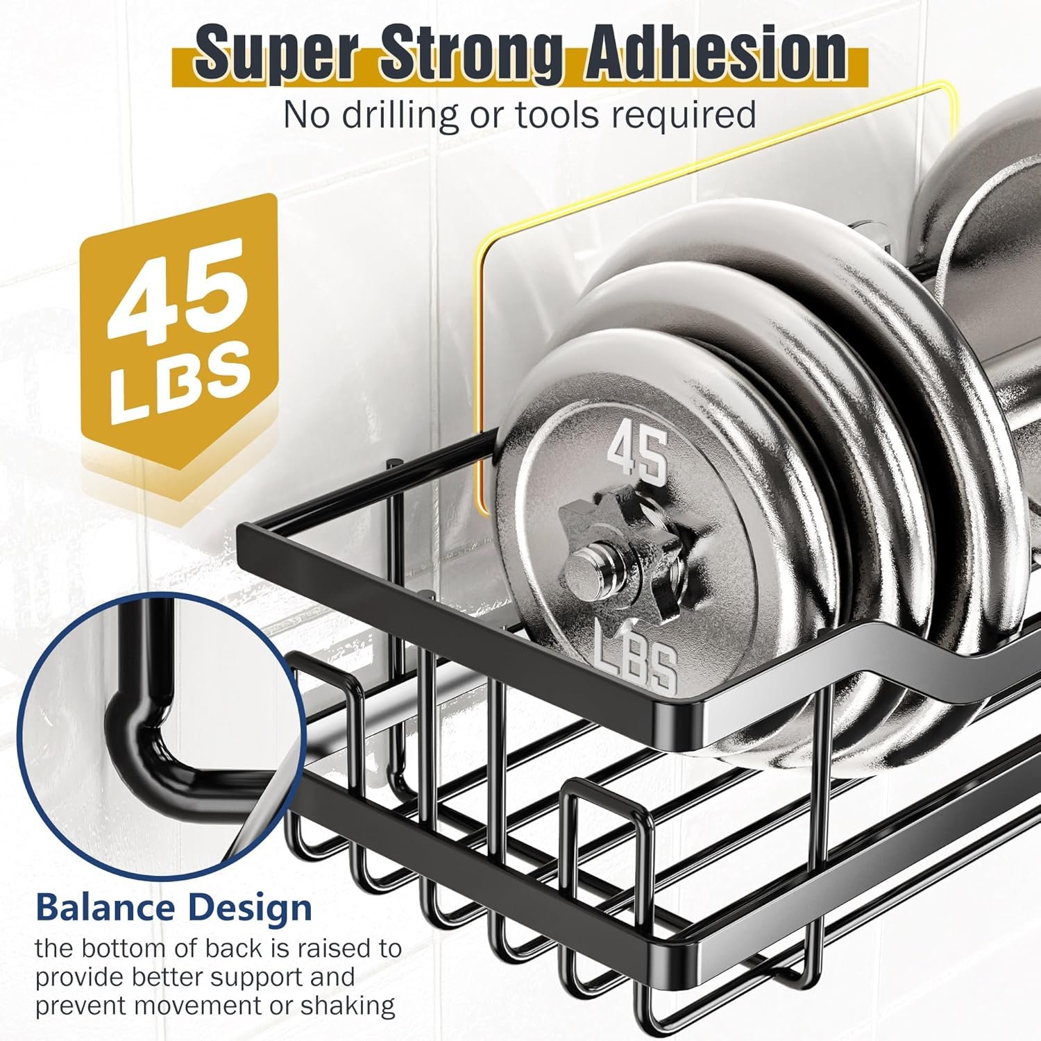 OMAIRA 6-Pack Shower Caddy Organizer Shelves Rack, Stainless Steel Adhesive Bathroom Organizers and Storage Organization Set Home Kitchen Wall Decor, No Drill & Large Capacity & Heavy Duty, Black - Image 6