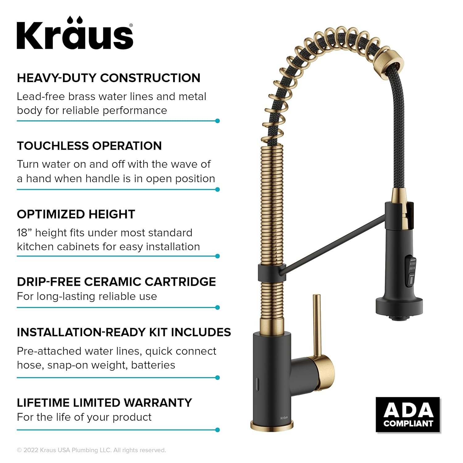 KRAUS Bolden Touchless Sensor Commercial Style 2-Function Single Handle Pull Down Kitchen Faucet in Brushed Brass/Matte Black, KSF-1610BBMB - Image 15