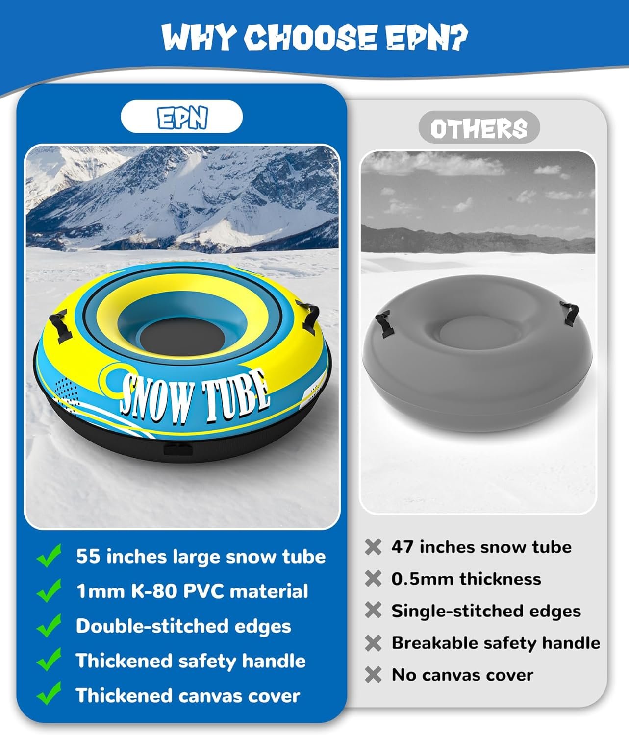 EPN 55'' Heavy Duty Snow Tube with Premium Canvas Covers and Nylon Handles for Adults, Thickened Bottom Inflatable Snow Sled Sledding Toboggan Winter Outdoor Fun Toys - Image 4