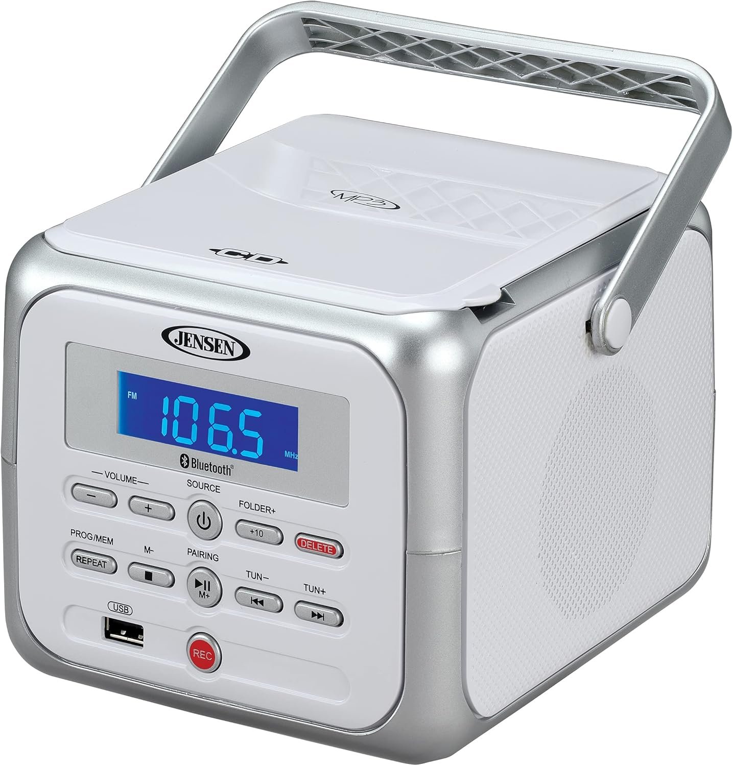 Jensen CD-660 Portable Stereo CD Player Boombox with Bluetooth | FM Radio | USB | Aux-in Headphone Jack | CD-R/RW MP3 Playback | (Platinum Silver) - Image 2