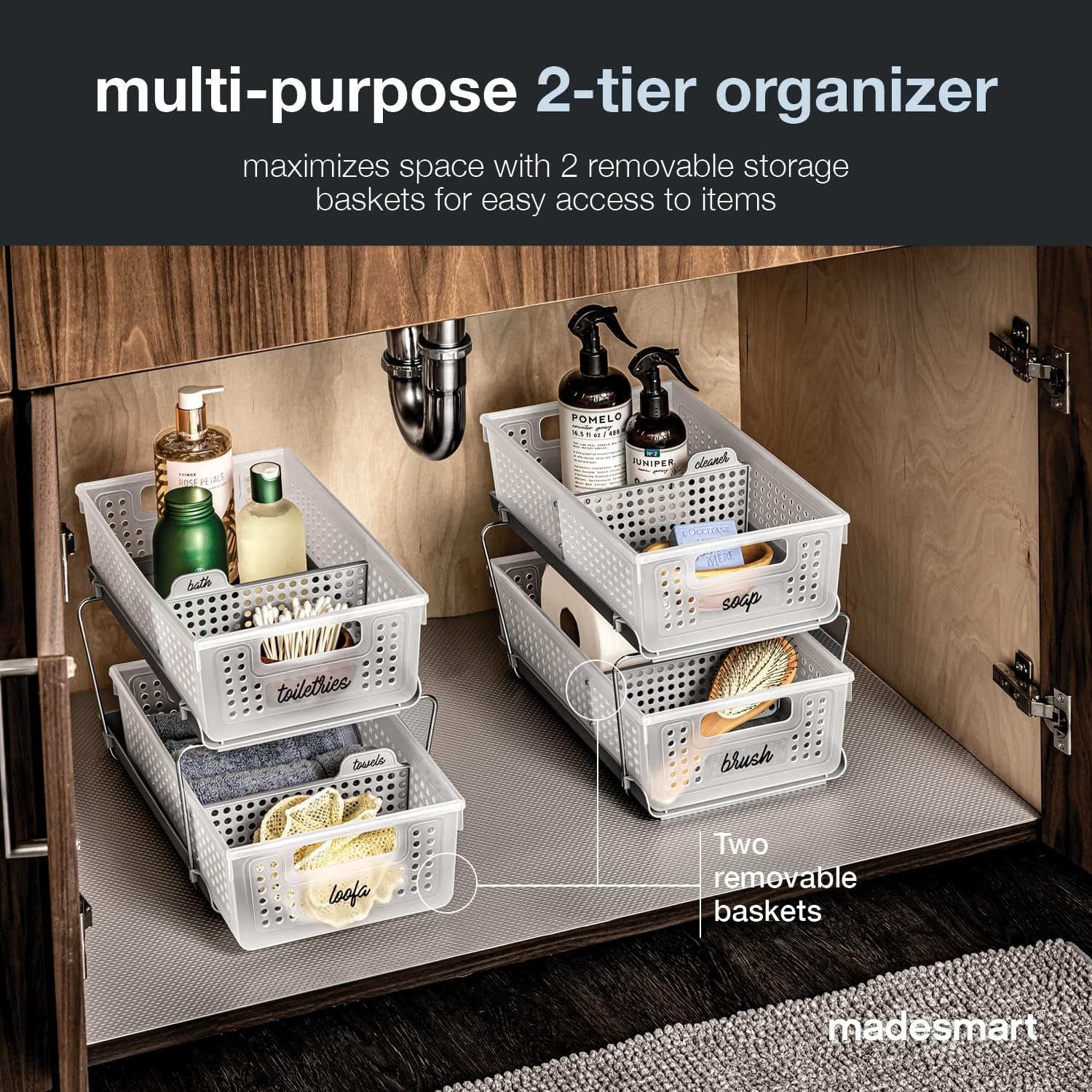 madesmart 2-Tier Organizer, Multi-Purpose Slide-Out Storage Baskets with Handles and Dividers, Frost - Image 3