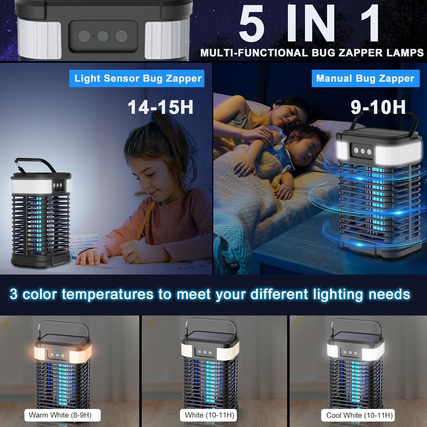 Solar Bug Zapper Outdoor Waterproof, Mosquito Zapper 2 in 1 Portable & Rechargeable Pest Control with 4000mAh Battery & LED Night Light, 4200V Electric Fly Zapper for Home, Patio, Backyard (Black) - Image 4