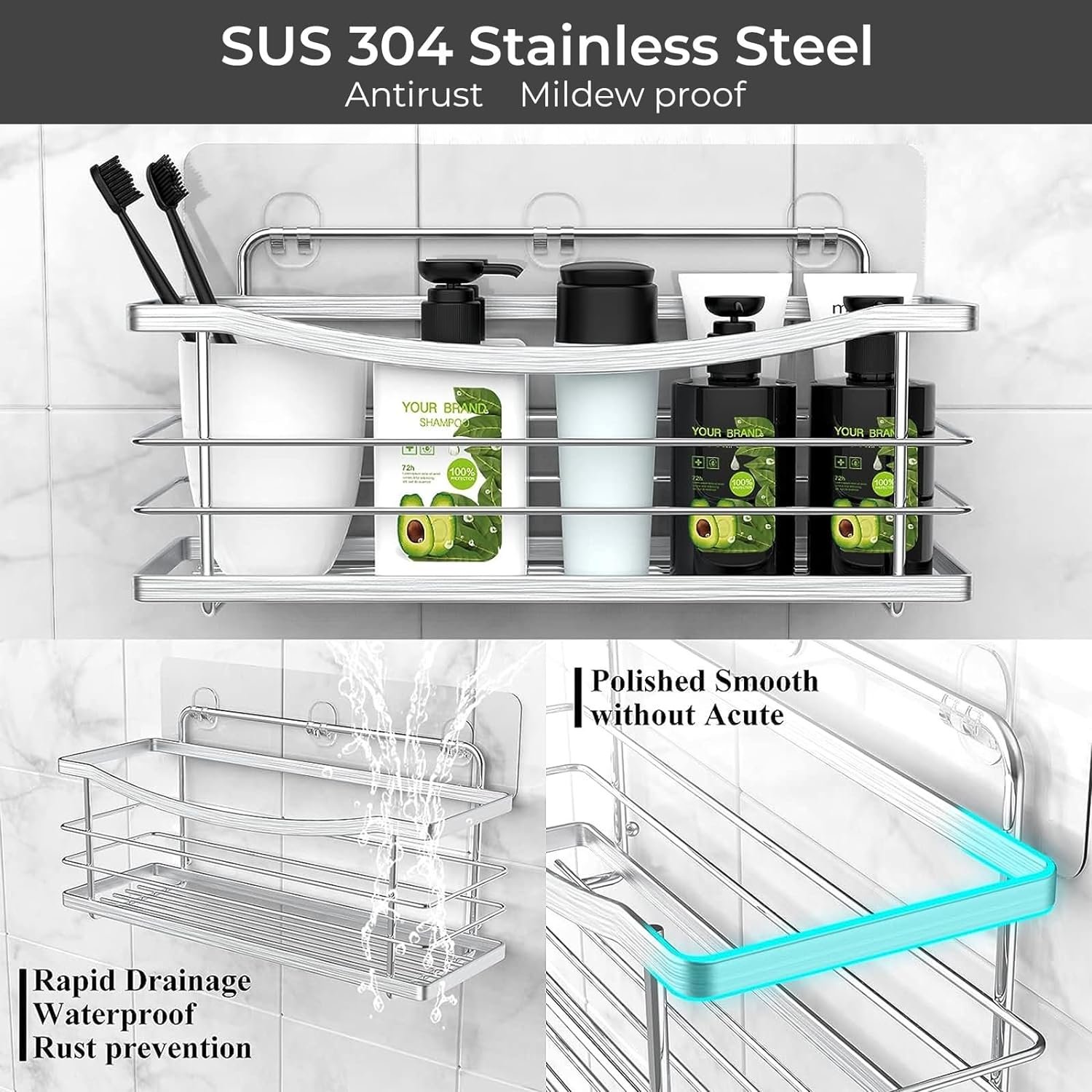 ODesign Shower Caddy 3 Pack-Shower Organizer Shelves Rack Rustproof SUS304 Stainless Steel for Bathroom Storage&Kitchen-No Drilling Adhesive Shower Caddy Shelf Dorm Room Essentials-Silver - Image 3