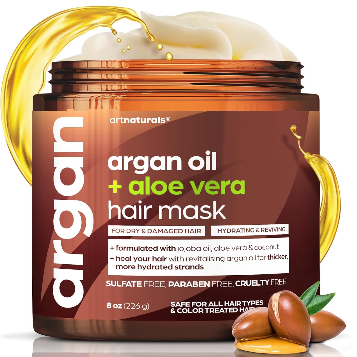 Artnaturals Argan Hair Mask Conditioner - (8 Oz/226g) - Deep Conditioning Treatment - Organic Jojoba Oil, Aloe Vera & Keratin - Repair Dry, Damaged, Color Treated, Natural Hair Growth - Sulfate Free - Image 2
