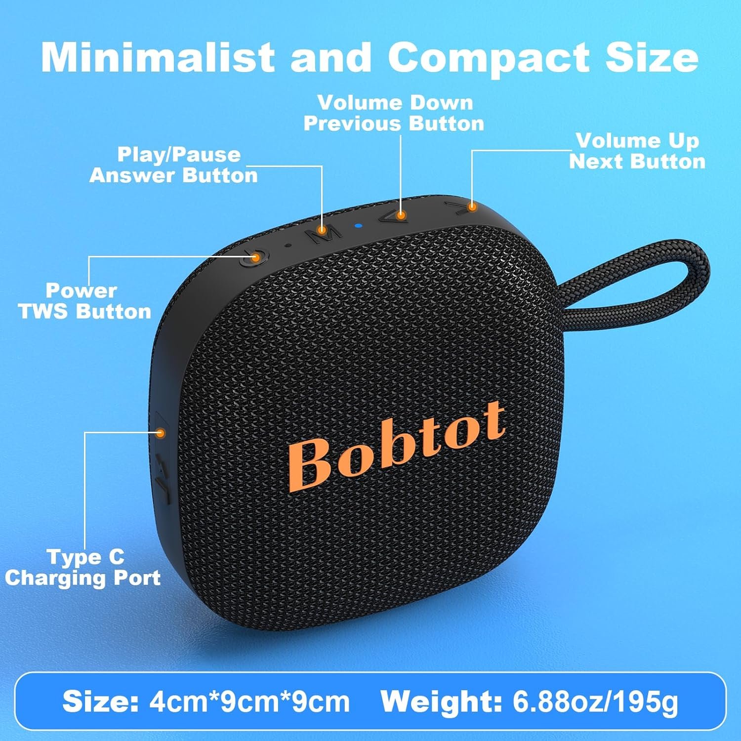 Bobtot Portable Bluetooth Speakers Wireless Speaker - Waterproof Mini Shower Speaker with 16 Hours Playtime, Loud Stereo Sound, Rich Bass, TWS, Built-in Mic for Home Travel Sport, Black - Image 5