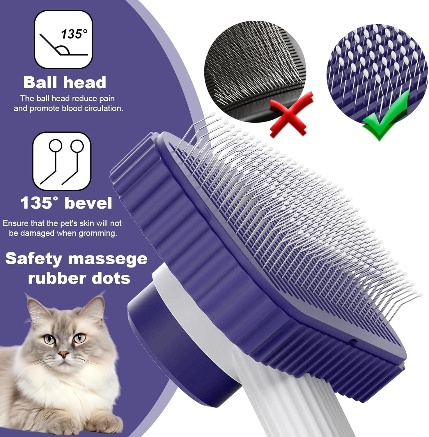 Cat brush, Cat Brush for Long or Short Haired Cats, Remove Loose Fur and Mats, Rounded Pins Reduces Painful Pulling, Not for Tangle and Curly Fur, Dark Blue - Image 3