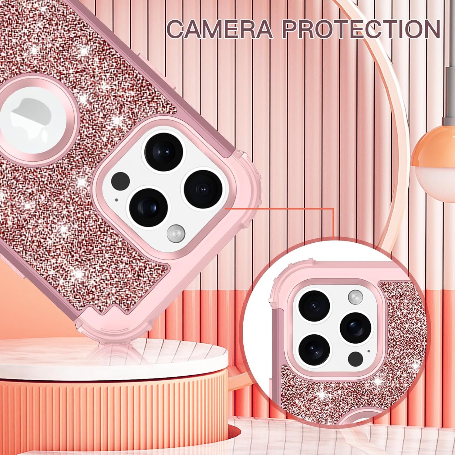 LONTECT for iPhone 15 Pro Max Case Glitter Sparkly Bling 3 in 1 Shockproof Heavy Duty Full Body Sturdy Protective Case for Apple iPhone 15 Pro Max with 2 Screen Protector+2 Camera Protector,Rose Gold - Image 4