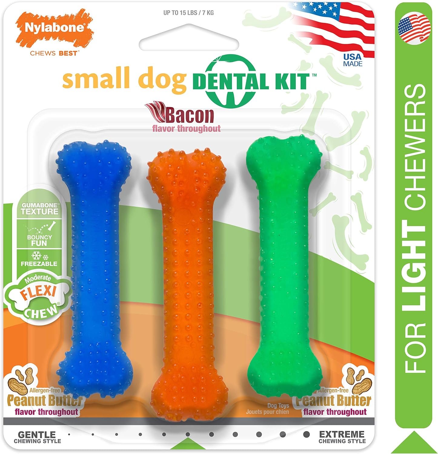 Nylabone Flexi Chew Moderate Dog Dental Chew Toy Bones Triple Pack, Peanut Butter & Bacon, X-Small/Petite (3 Count) - Image 2