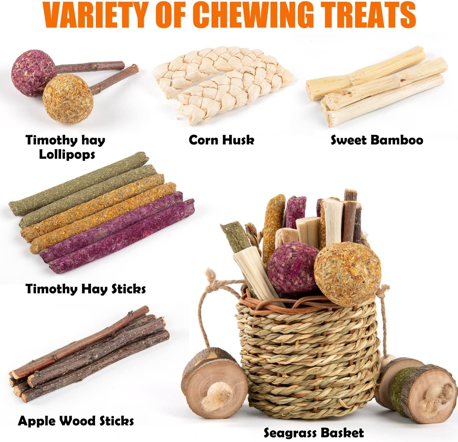 Sofier Rabbit Toys Bunny Toys Hamster Toys Guinea Pig Toys Natural Seagrass Hanging Basket with Timothy Hay Treats Handmade Chew Toys for Teeth Enrichment Chinchilla Rat - Image 3