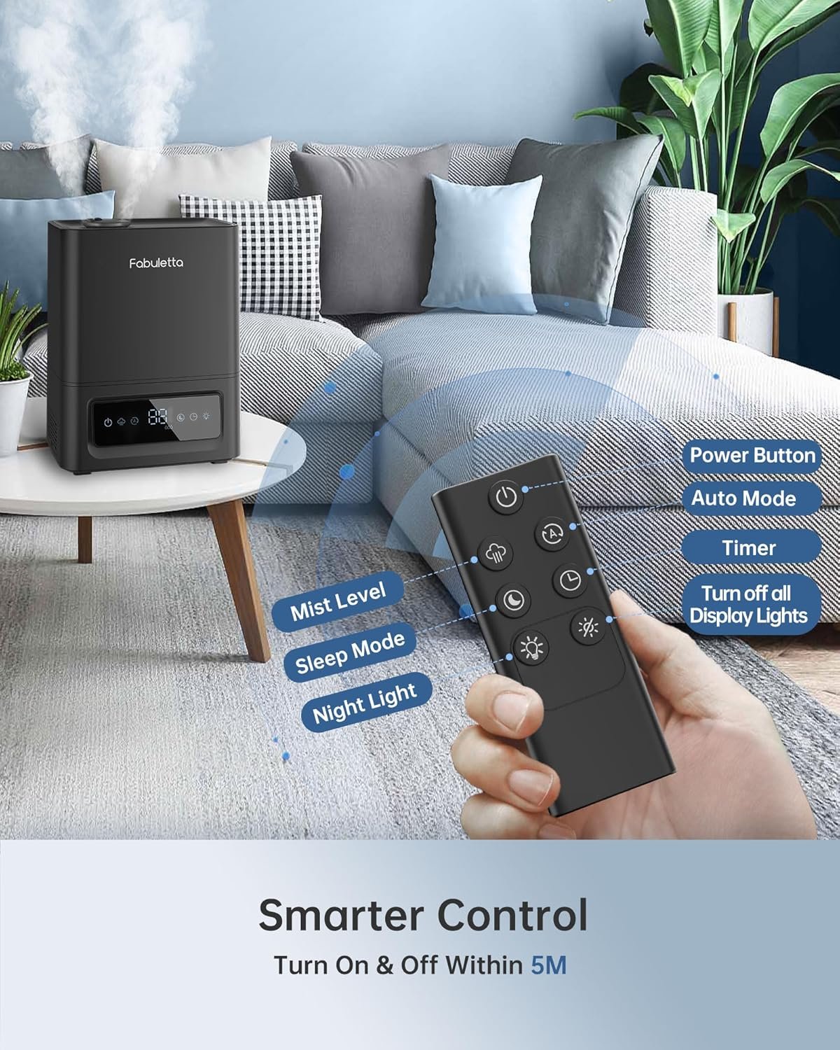 FABULETTA Humidifiers for Bedroom Large Room, 6L Top-Fill Humidifier with Remote Control, 3 Mist Levels, Essential Oil Diffuser, 2.4Mhz Ultrasonic, Auto Mode, Quiet Sleep & Night Light(Black) - Image 4