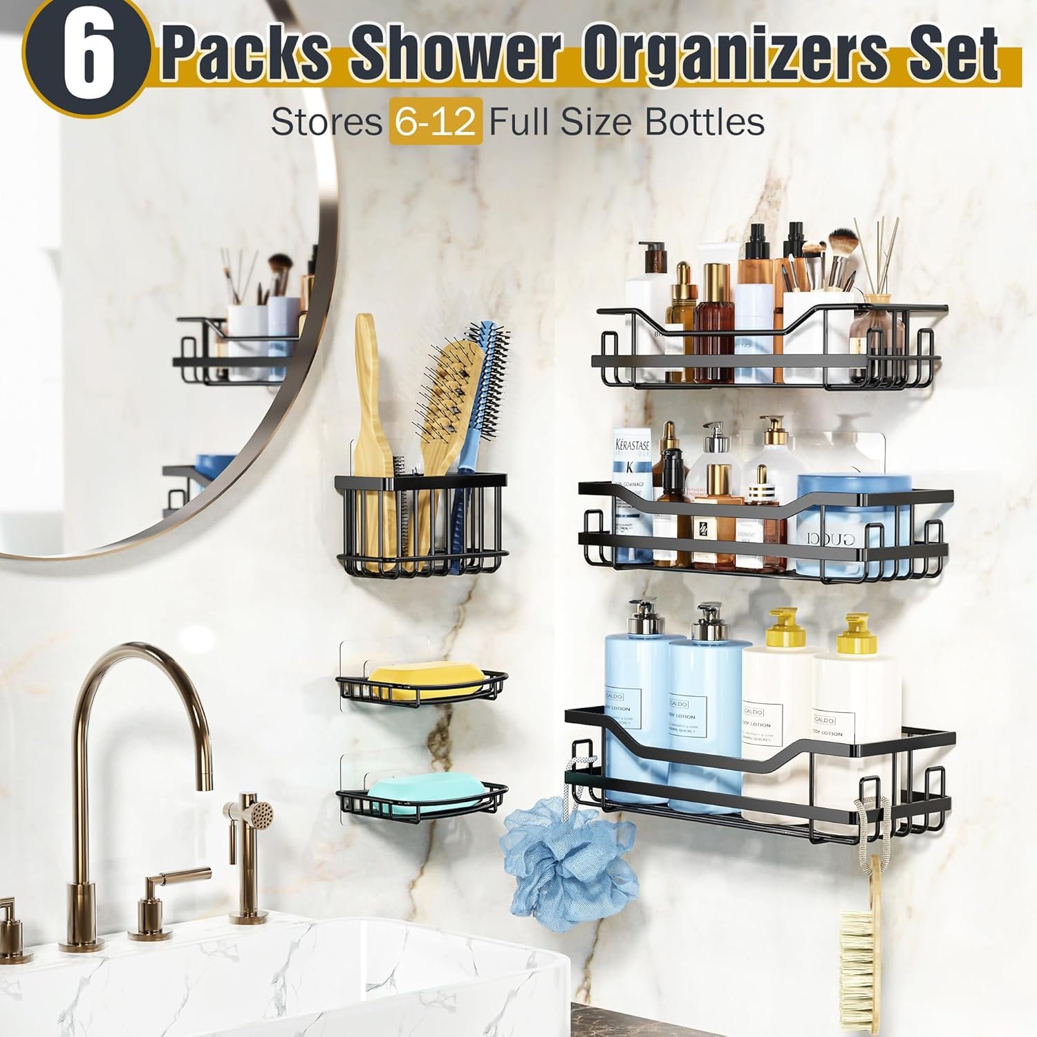 OMAIRA 6-Pack Shower Caddy Organizer Shelves Rack, Stainless Steel Adhesive Bathroom Organizers and Storage Organization Set Home Kitchen Wall Decor, No Drill & Large Capacity & Heavy Duty, Black - Image 3