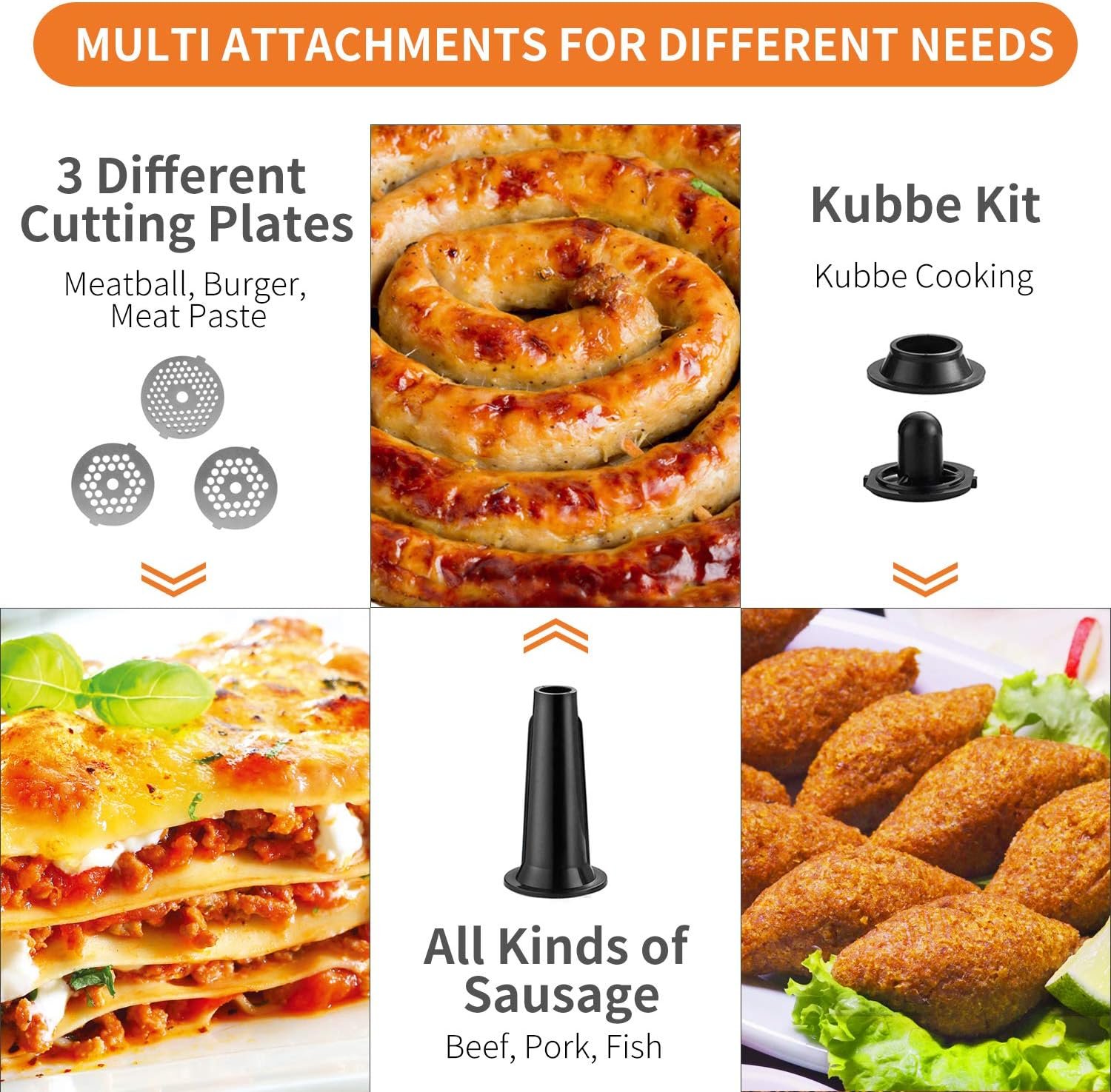 Electric Meat Grinder,Multifunction Meat Mincer & Sausage Stuffer,With 3 Grinding Plates,Sausage & Kubbe Kit for Home Kitchen heavy duty - Image 4