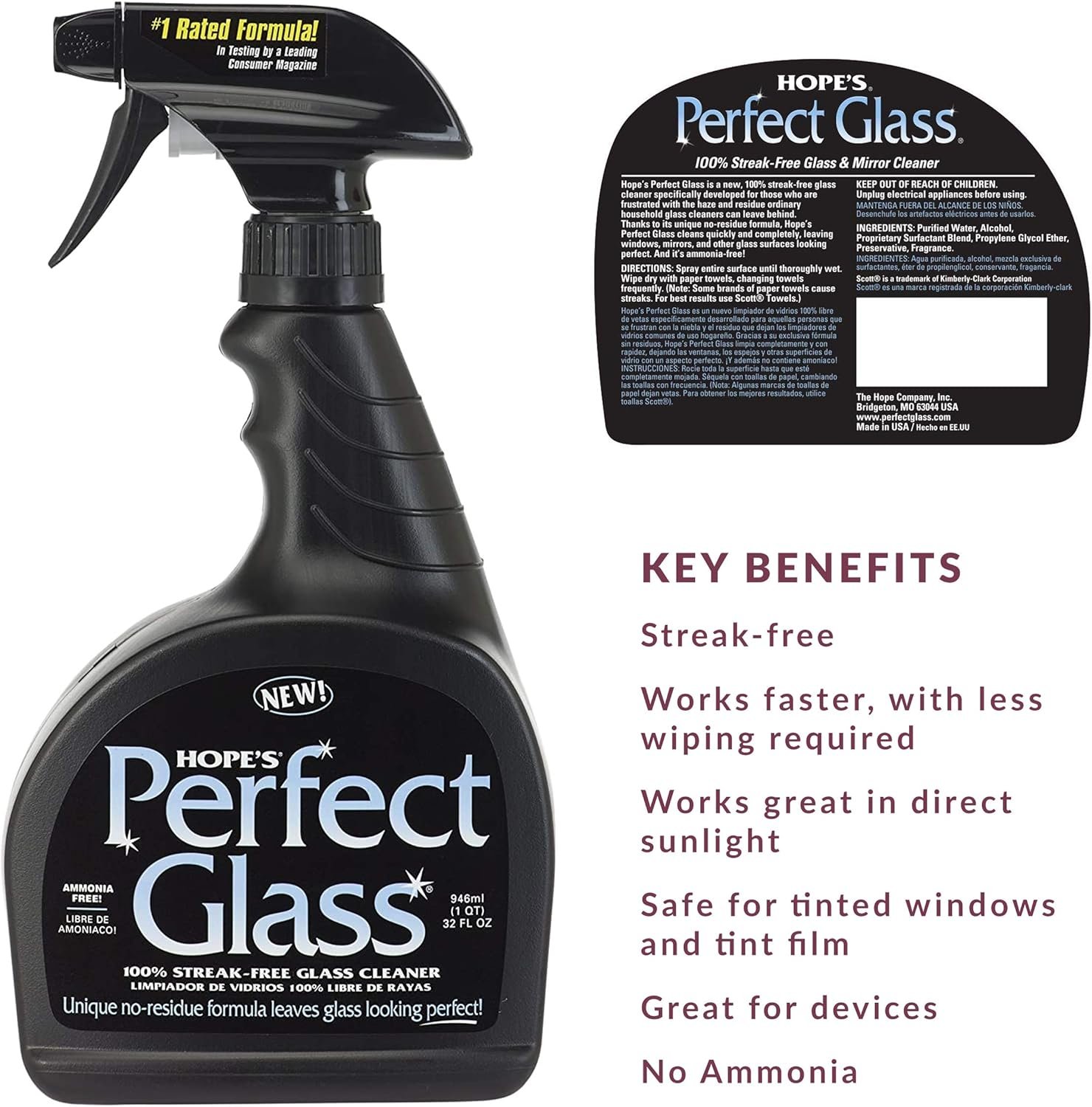 HOPE'S Perfect Glass Cleaner Spray, Streak-Free, Ammonia-Free Window, Mirror, Screen, Tinted Glass, and Shower Door Cleaner, Indoor and Outdoor Glass Surfaces, 32 Fl Oz, Pack of 1 - Image 3