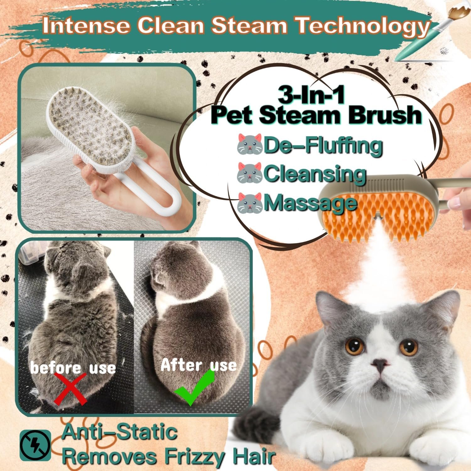 Steam Cat Cordless 3-in-1 Silicone Massaging Grooming Brush With Built-in Lithium Battery, Removes Static and Flying Pet Hair for Cats and Dogs (Beige) - Image 3