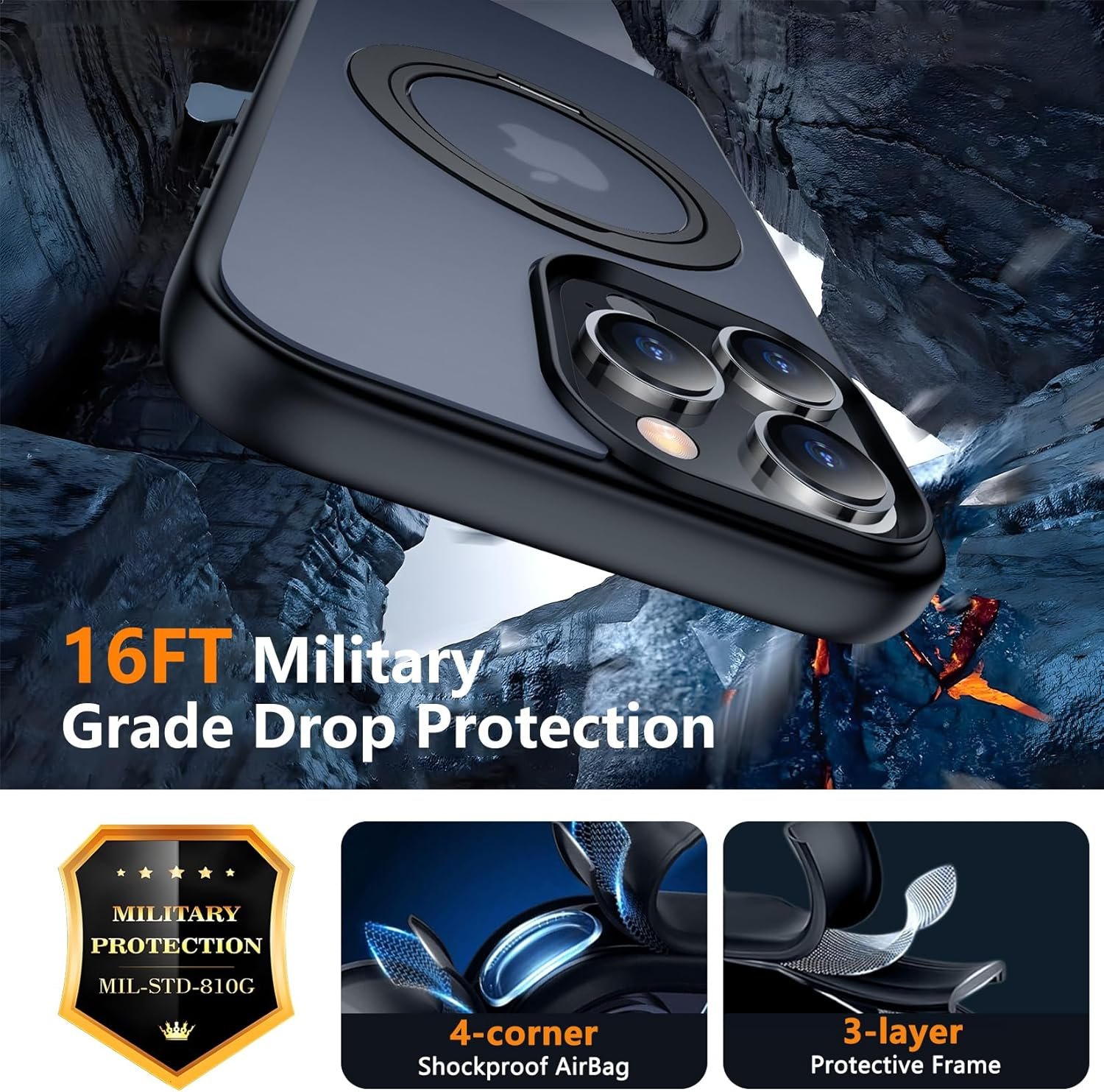 Temdan Designed for iPhone 16 Pro Max Case, 360°Rotatable Ring Stand Case Matte Skin Feeling Compatible with MagSafe Military-Grade Protection Magnetic Kickstand Case 6.9 inch -Matte Black - Image 5