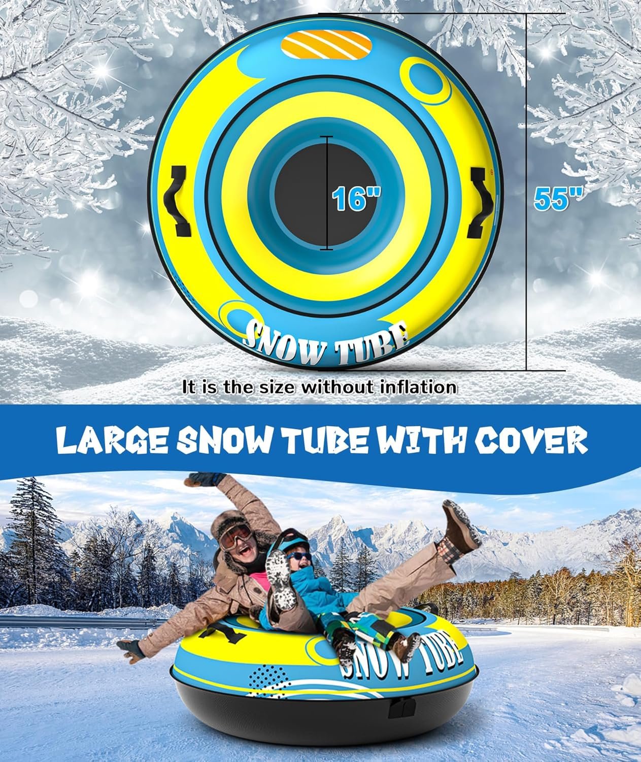 EPN 55'' Heavy Duty Snow Tube with Premium Canvas Covers and Nylon Handles for Adults, Thickened Bottom Inflatable Snow Sled Sledding Toboggan Winter Outdoor Fun Toys - Image 3