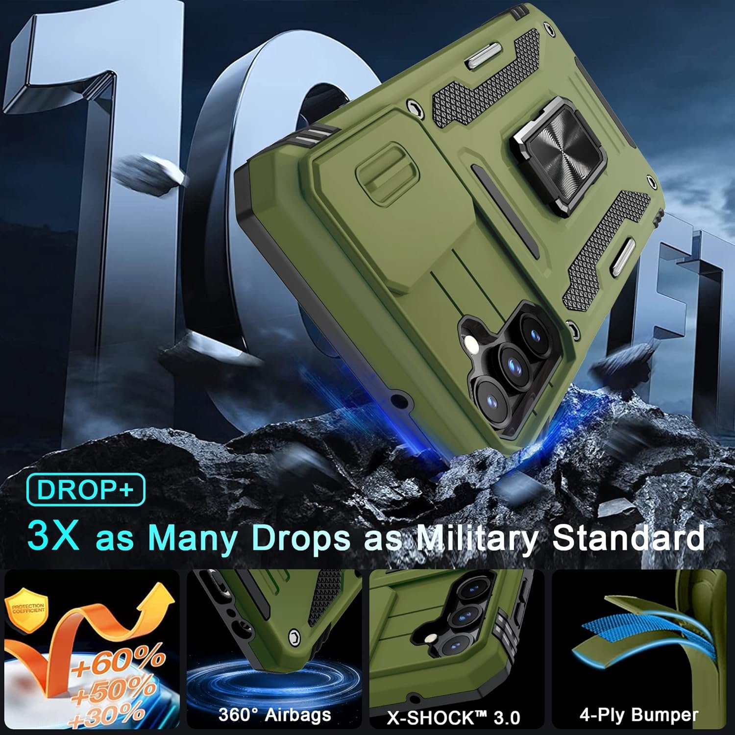 DEERLAMN Case for Samsung Galaxy A14 5G with Slide Camera Cover+Screen Protector(2 Packs),Rotated Ring Kickstand Military Grade Shockproof Protective Cover-Olive Green - Image 3