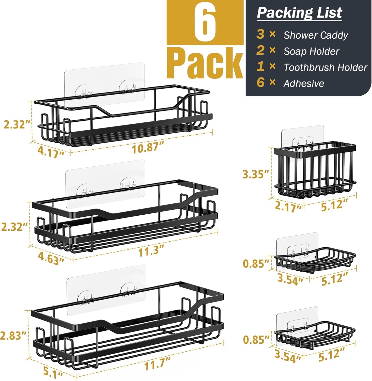 OMAIRA 6-Pack Shower Caddy Organizer Shelves Rack, Stainless Steel Adhesive Bathroom Organizers and Storage Organization Set Home Kitchen Wall Decor, No Drill & Large Capacity & Heavy Duty, Black - Image 7
