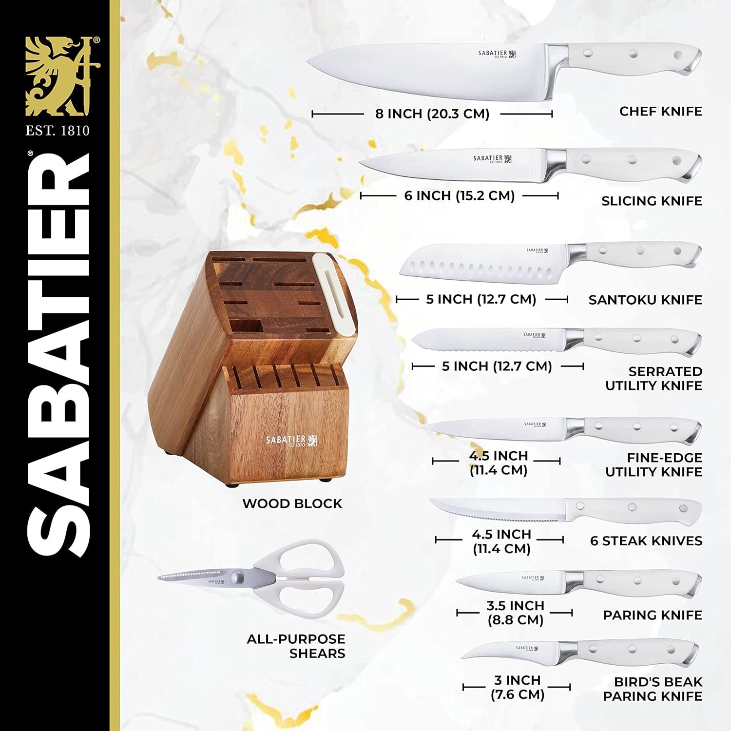 Sabatier 15-Piece Forged Triple Rivet Knife Block Set with Built-in Sharpener, High-Carbon Stainless Steel Kitchen Knives, Razor-Sharp Knife set with Acacia Block and Edgekeeper Technology, White - Image 5