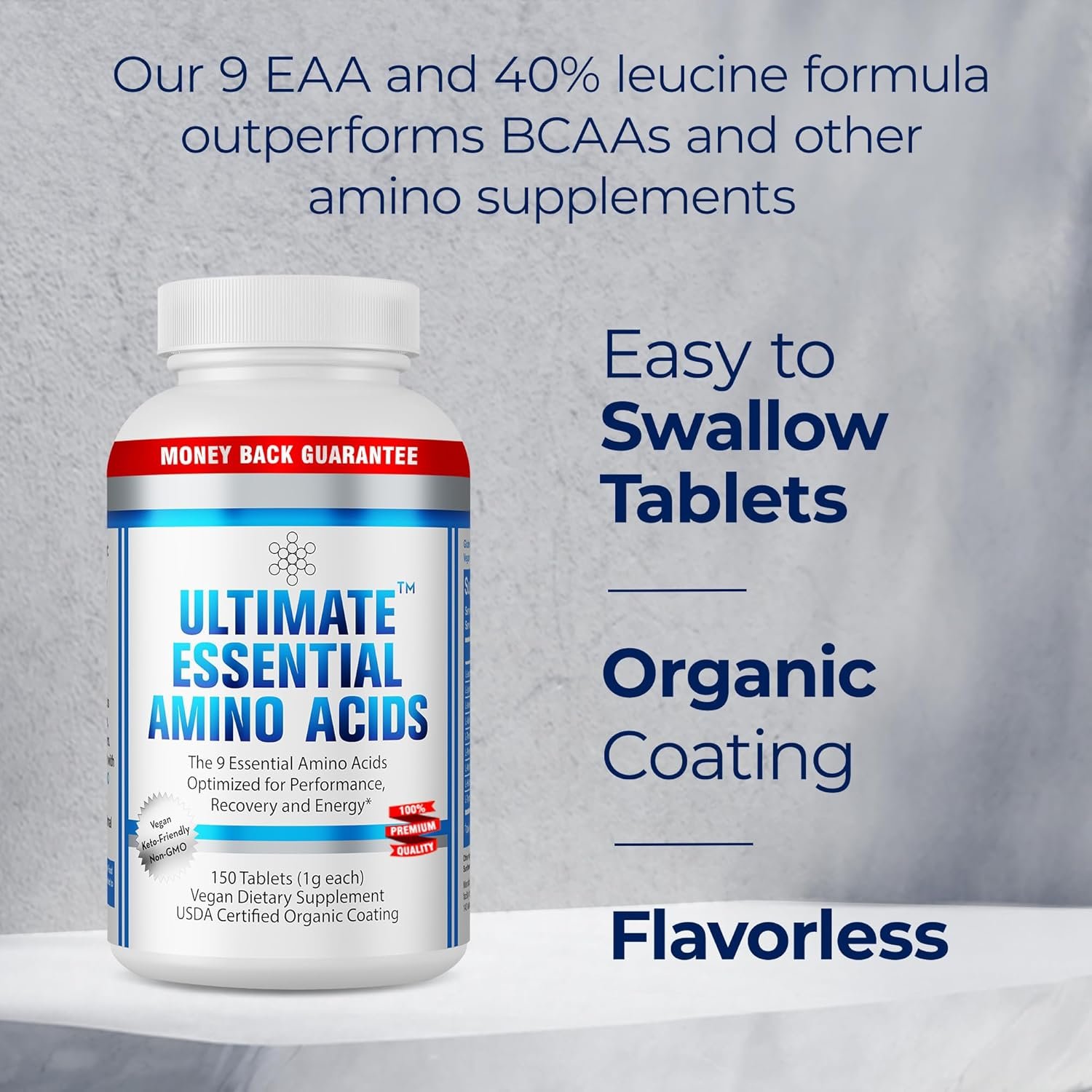 Ultimate 100% Essential Amino Acid Supplement - 150 Easy-to-Swallow, 1g Coated Tablets - All 9 EAA with 40% Leucine in Optimized BCAA Ratio - Increase Energy, Lean Muscle & Recovery - Keto & Vegan - Image 4