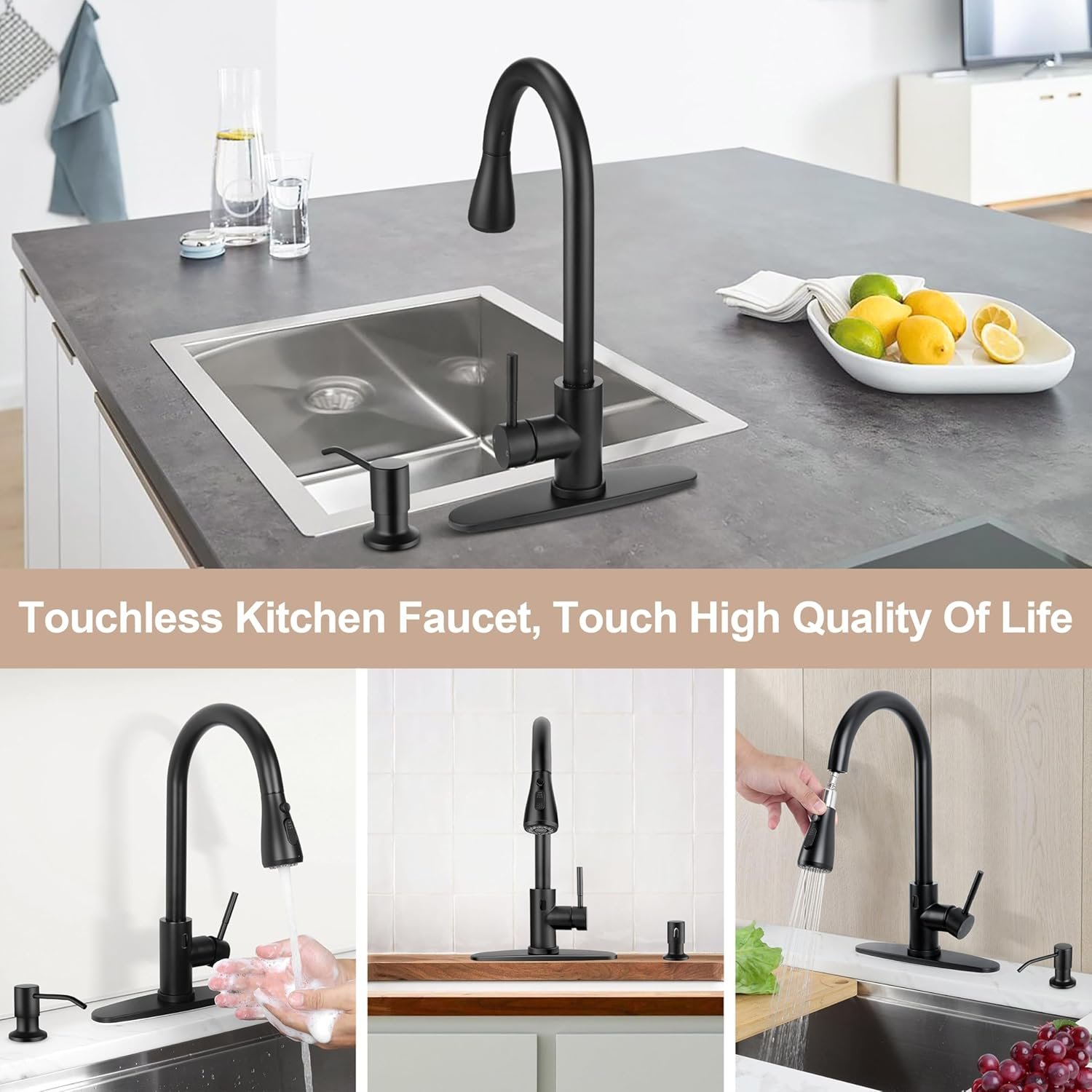 Touchless Kitchen Sink Faucet with Pull Down Sprayer, Herogo Matte Black Stainless Steel Motion Sensor Faucet with Soap Dispenser, Single Handle Smart Activated Kitchen Faucet for Farmhouse RV Sink - Image 8