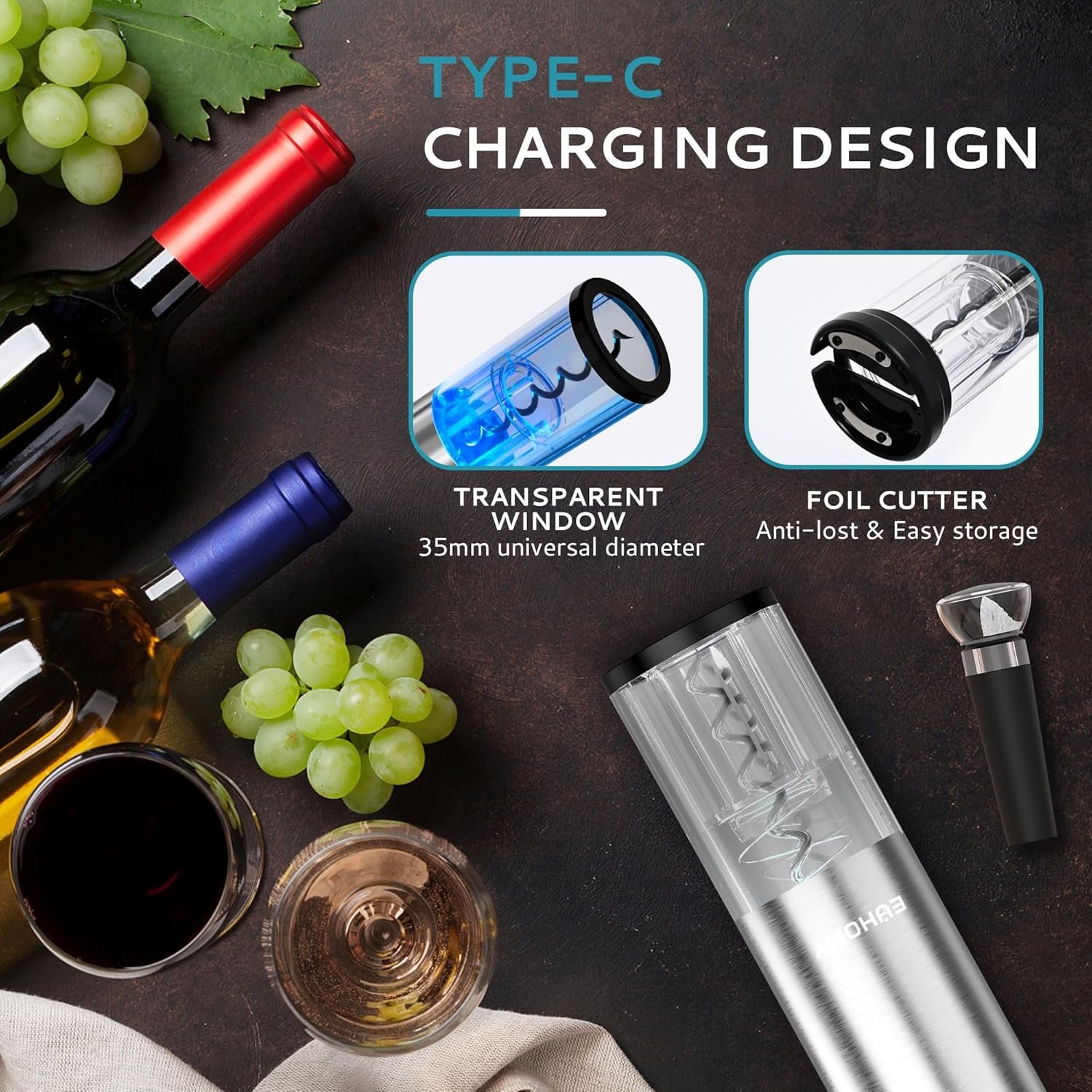 EUHOMY Electric Wine Opener Set, Wine Bottle Opener with Wine Aerator Pourer and Foil Cutter, Stainless Steel Automatic Corkscrew Opener with Wine Vacuum Stopper,Fine Set for Wine Lovers - Image 5