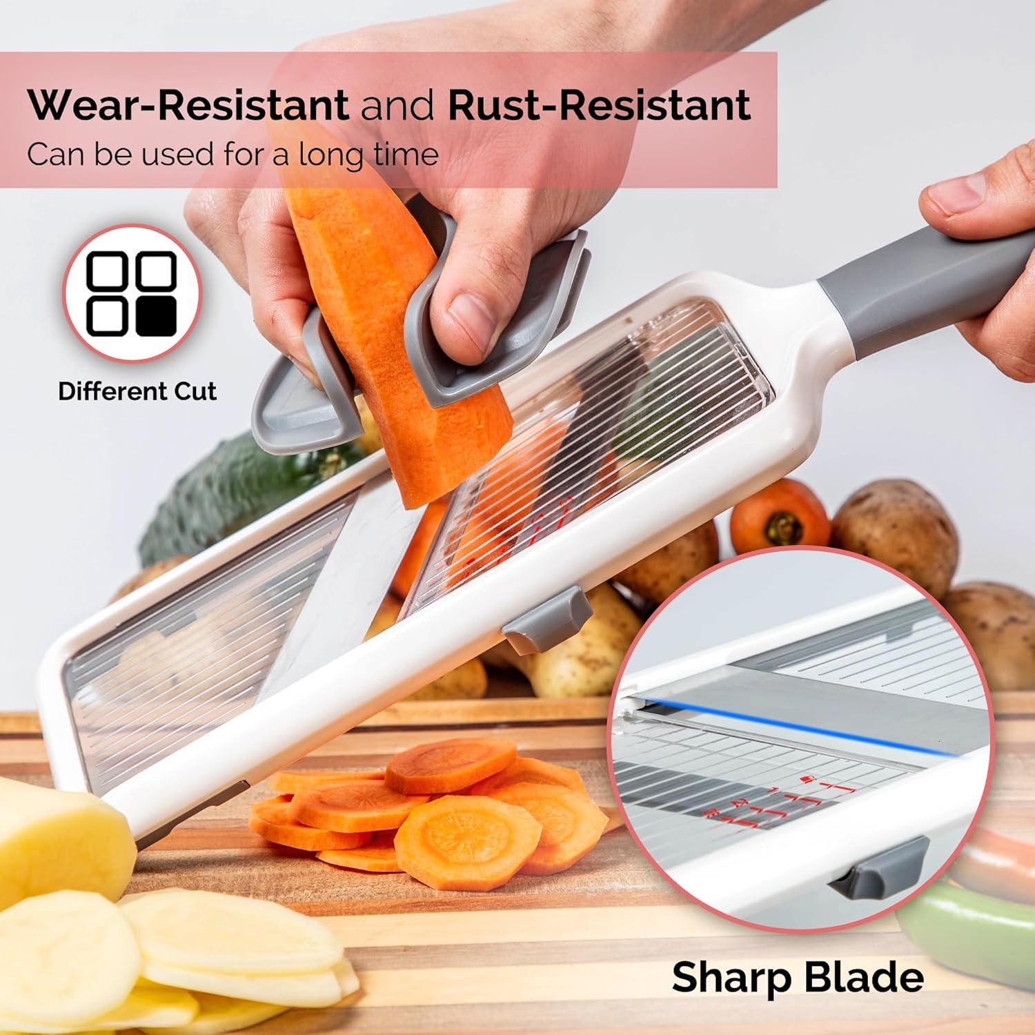 Multi Handheld Mandoline Slicer - Adjustable Stainless Steel Blades, Comfort Grip, Safety Features, Dishwasher Safe Easy to Clean Ideal for Fast and Precise Slicing of Fruits and Vegetables - Image 6