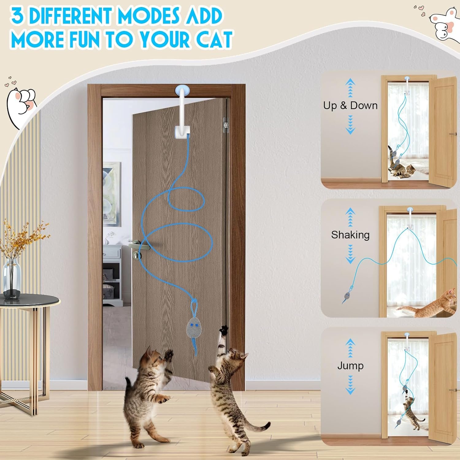 Cat Toy Interactive for Indoor Cats, Smart USB Rechargeable Door Hanging Automatic Retractable Kitten Toys, Teaser Electronic Self Play Feather Cat String Toys Attached with 3 Catnip Mice White - Image 4