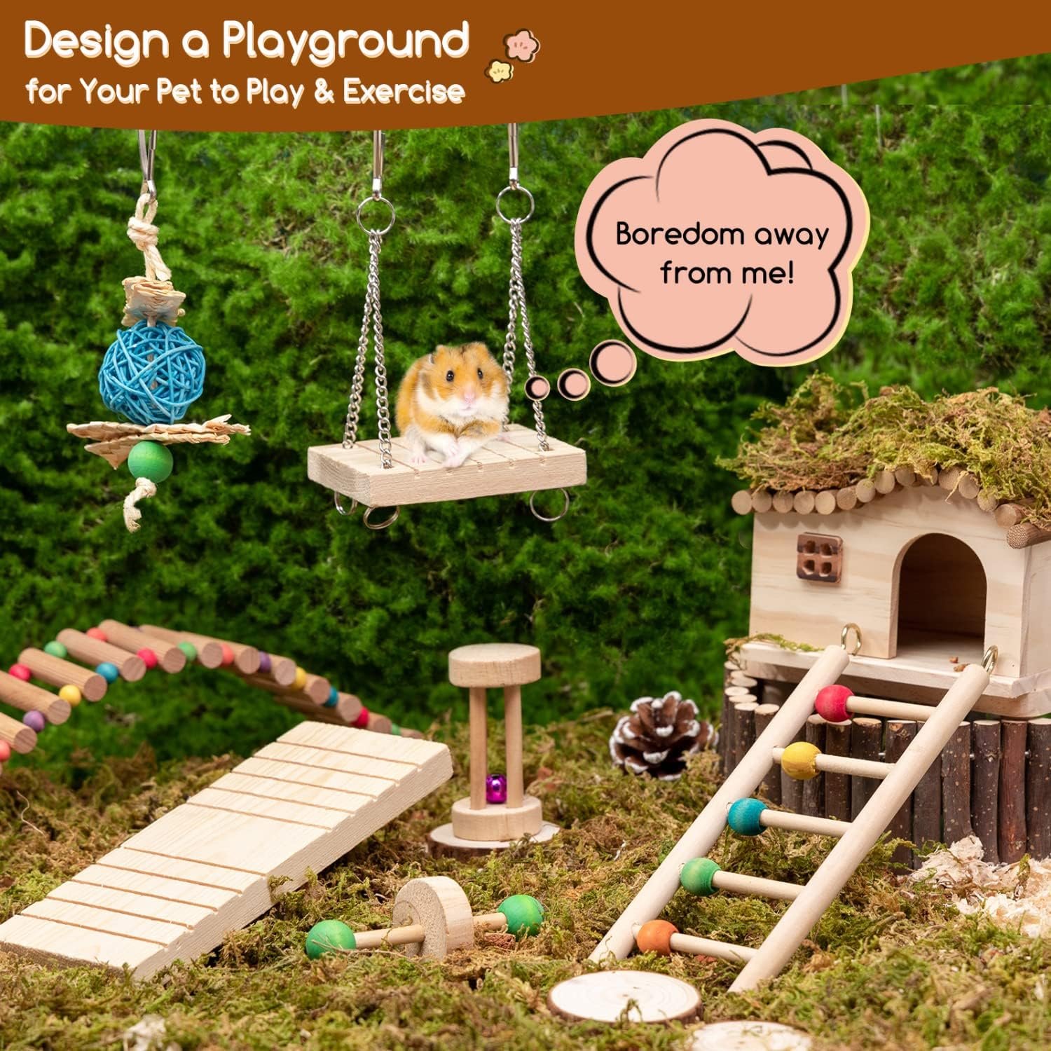 Nobleza Guinea Pig Toys, 7 Pack Natural Wooden Hamster Chew Toy Set, Teeth Care Molar Exercise Toys for Pet Rats, Dwarf Syrian Hamsters, Chinchillas, Gerbils - Image 4