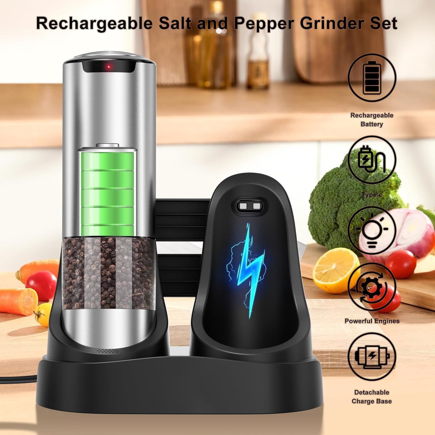 Electric Salt and Pepper Grinder Set, Type-C Rechargeable Automatic Salt Pepper Shakers Mill Grinder, One Hand Operation, Adjustable Coarseness, LED Light, Kitchen, Restaurant, Outdoor - Image 4
