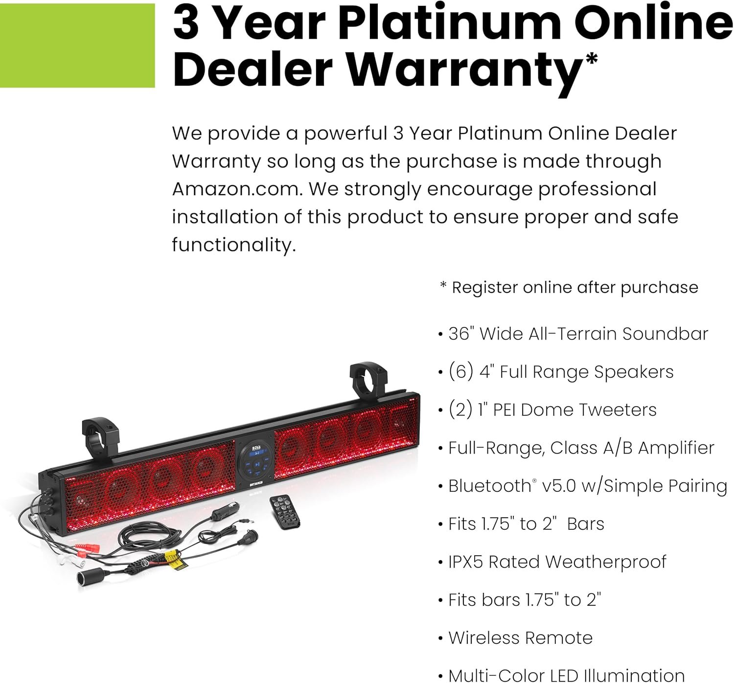 BOSS Audio Systems BRT36RGB ATV UTV Sound Bar - 36 Inches Wide, 4 inch Speakers, Full Range, 1 Inch Tweeters, IPX5 Weatherproof, Bluetooth, Built-in Amplifier, USB Port, Multicolor Illumination - Image 4