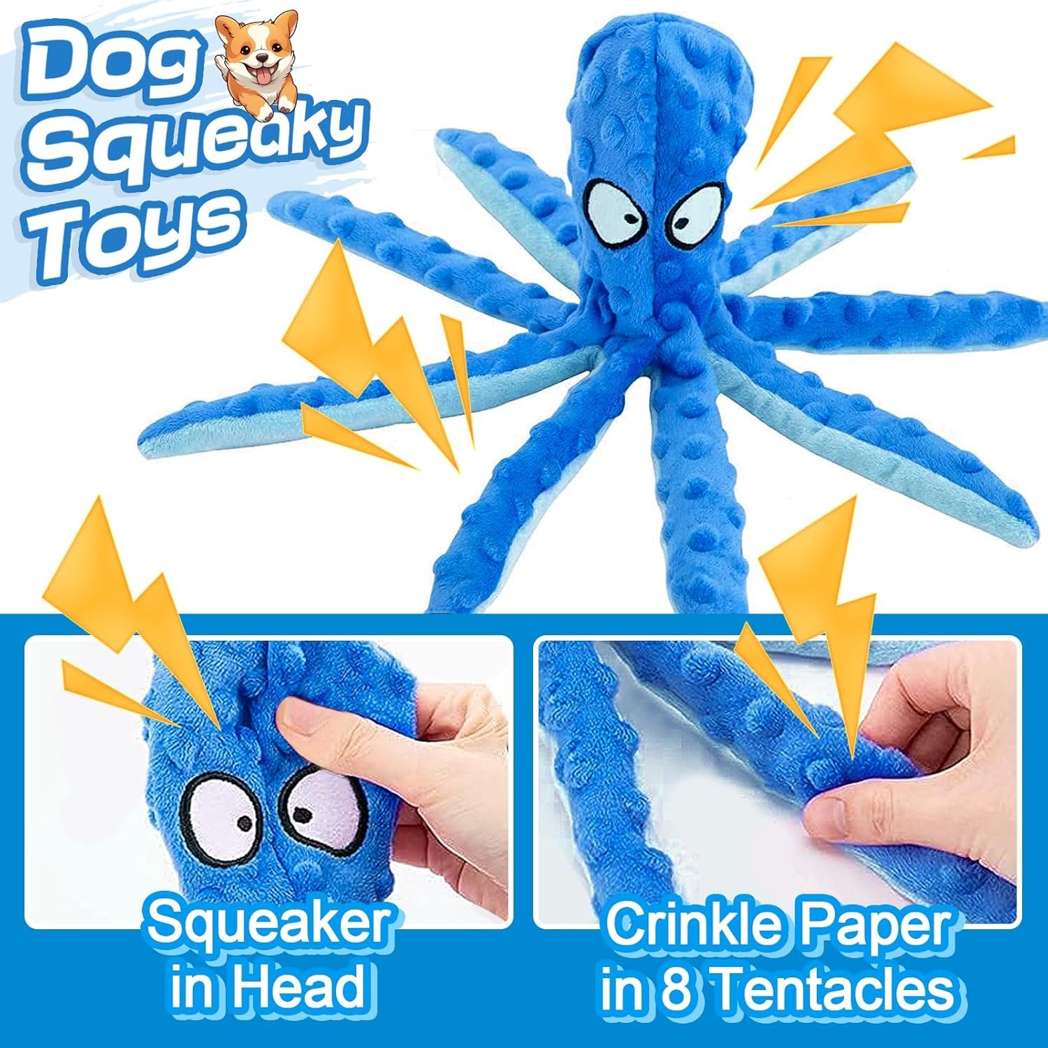 Alphatool Squeaky Dog Toys, Octopus Toys for Dog Toys to Keep Them Busy, Tough No Stuffing Plush Puppy Toys, Crinkle Interactive Puppy Chew Toys for Teething Small Medium Dogs(1pcs) - Image 3