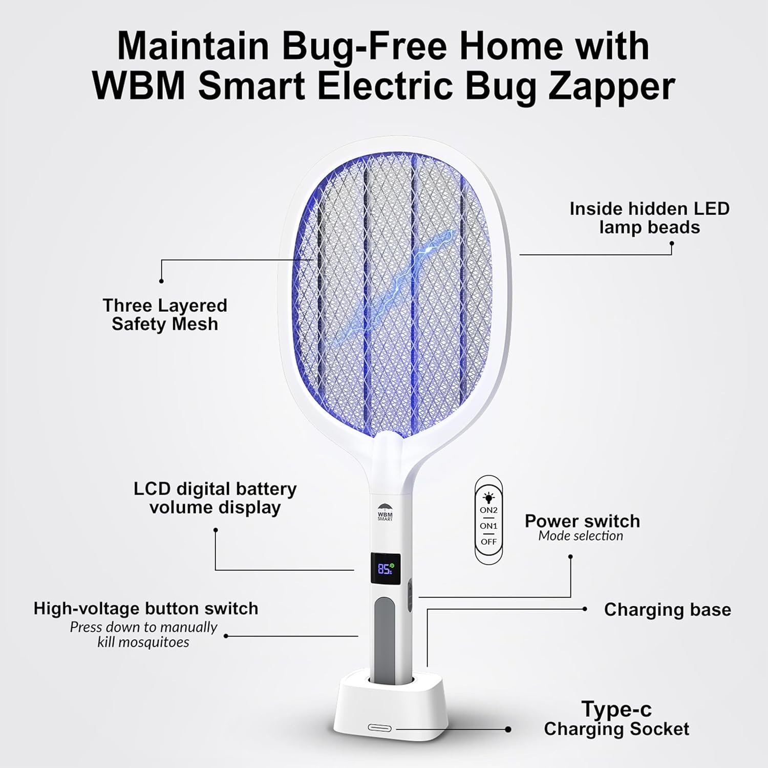 2 in 1 Electric Bug Zapper, Mosquitoes Trap Lamp & Racket, USB Rechargeable Electric Fly Swatter for Home and Outdoor Powerful Grid 3-Layer Safety Mesh Safe to Touch - Image 5