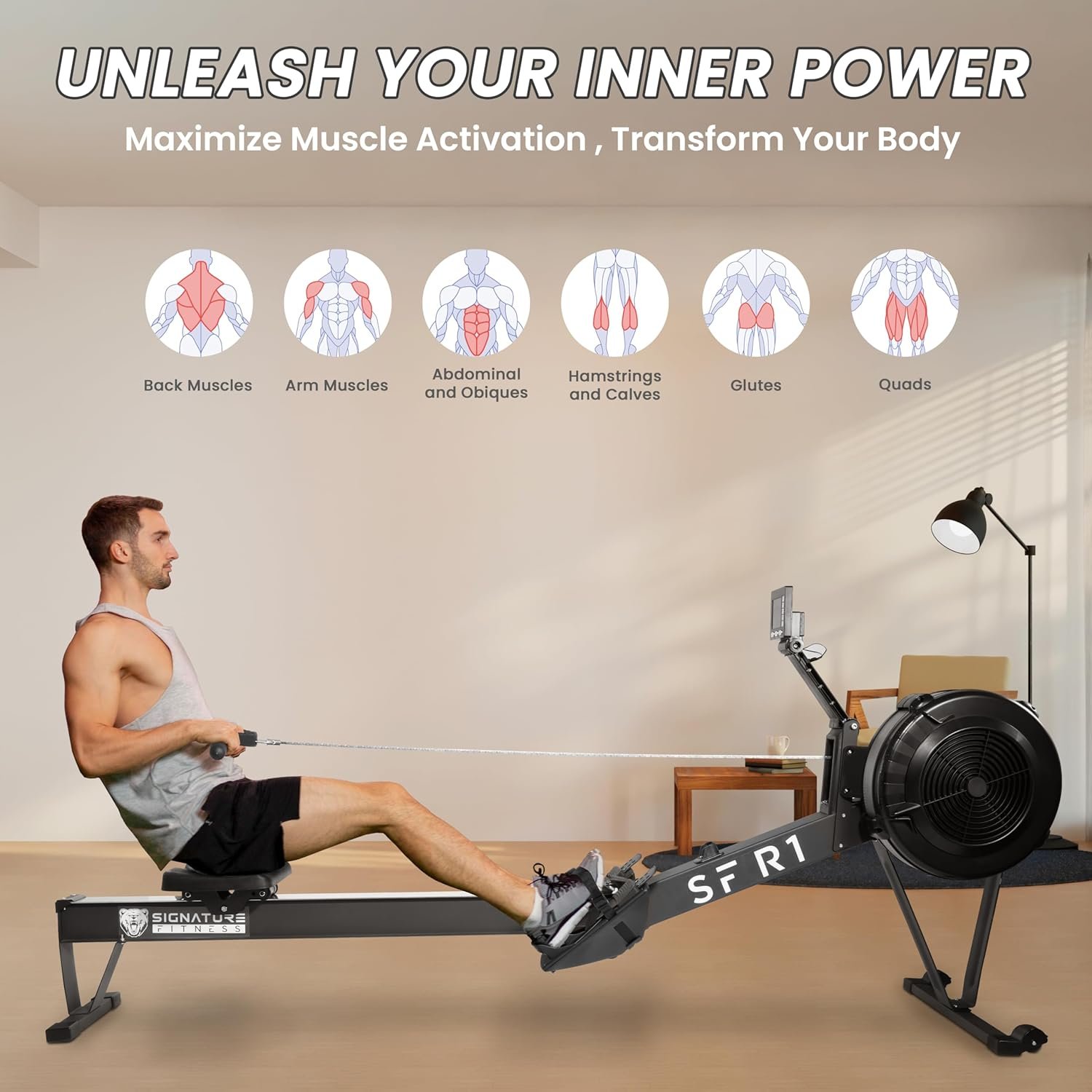 Rowing Machine for Home, Indoor Exercise Equipment, Wind Resistance Rowing Machine with LCD Display, Adjustable Air Resistance, Comfortable Seat Cushion, Easy Storage - Image 6