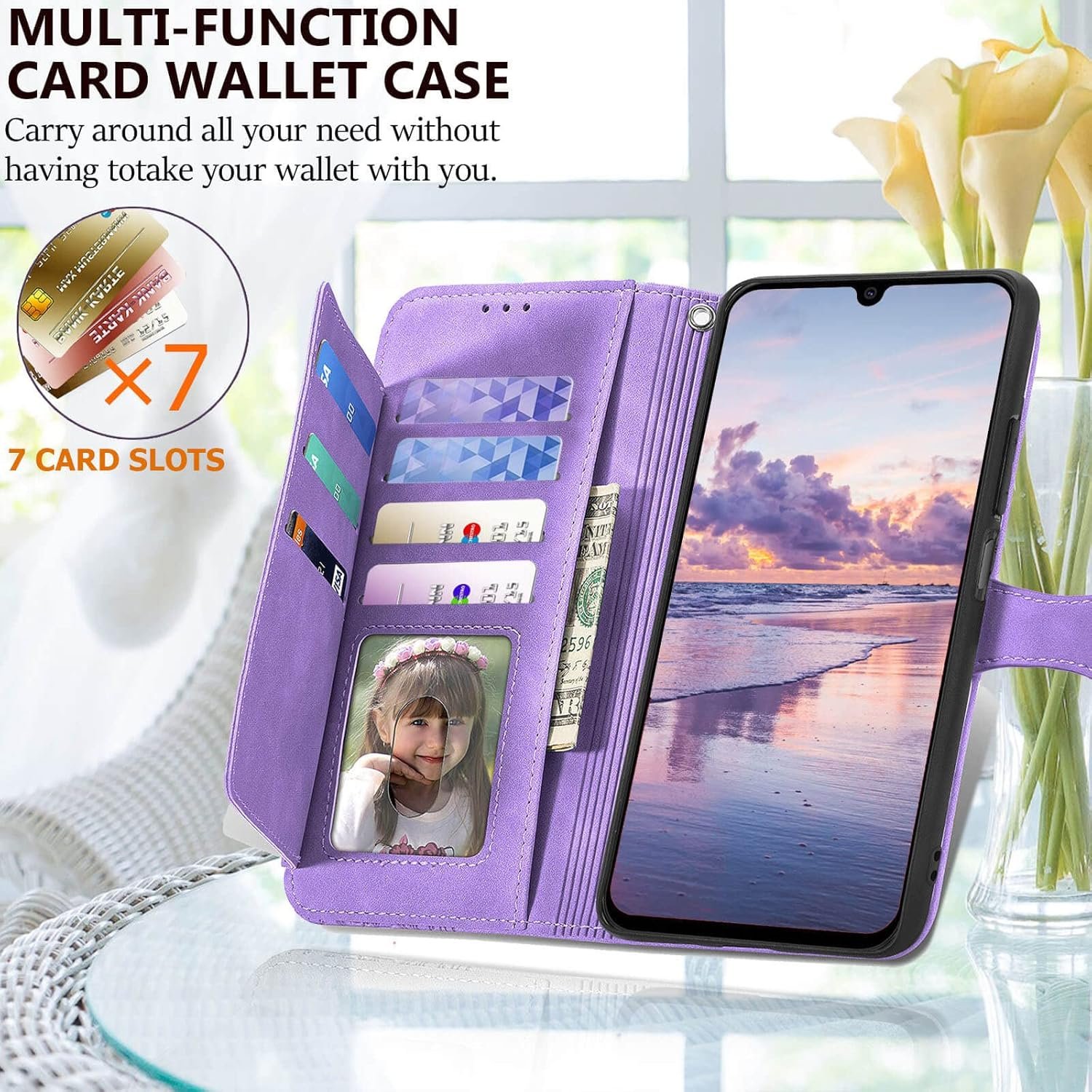 for Samsung Galaxy A14 Case Wallet,A14 Wallet Case for Women,Embossed PU Leather Protective Cover Magnetic Strap Zipper Card Holder Flip Phone Case for Samsung A14 5G(2023) (Purple) - Image 3