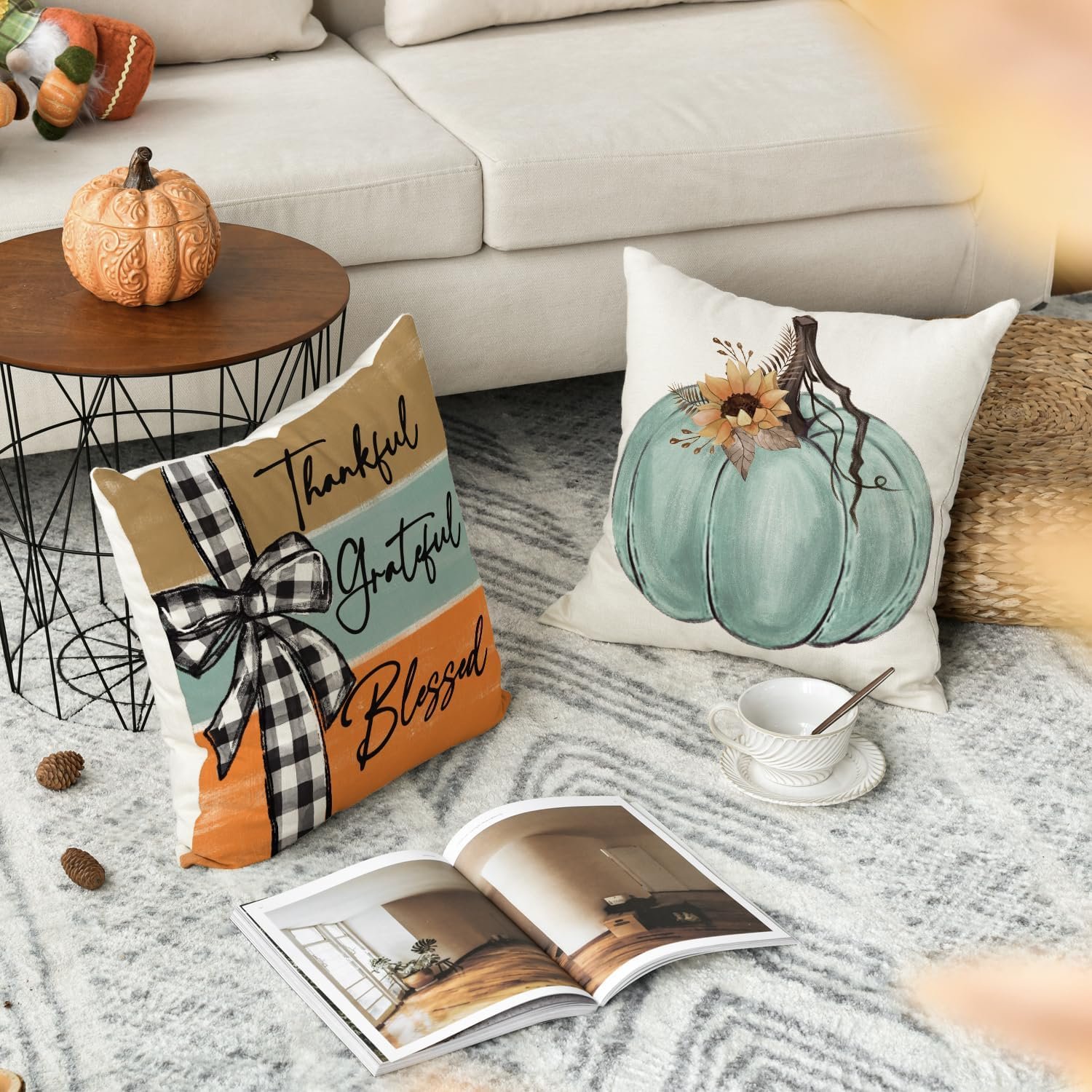 AVOIN colorlife Fall Pumpkin Home Sweet Home Throw Pillow Covers, 18 x 18 Inch Autumn Thankful Grateful Blessed Harvest Floral Decorations for Sofa Couch Set of 4 - Image 4