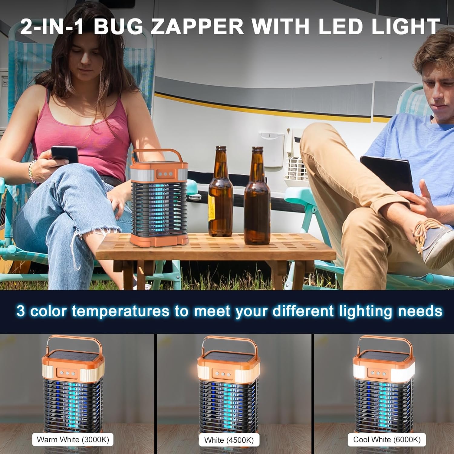 Solar Bug Zapper, 4200V Mosquito Zapper, Cordless & Rechargeable Bug Zapper Outdoor with LED Light, Portable Waterproof Electric Fly Zapper with Hook, for Patio Camping Backyard Garden - Image 4