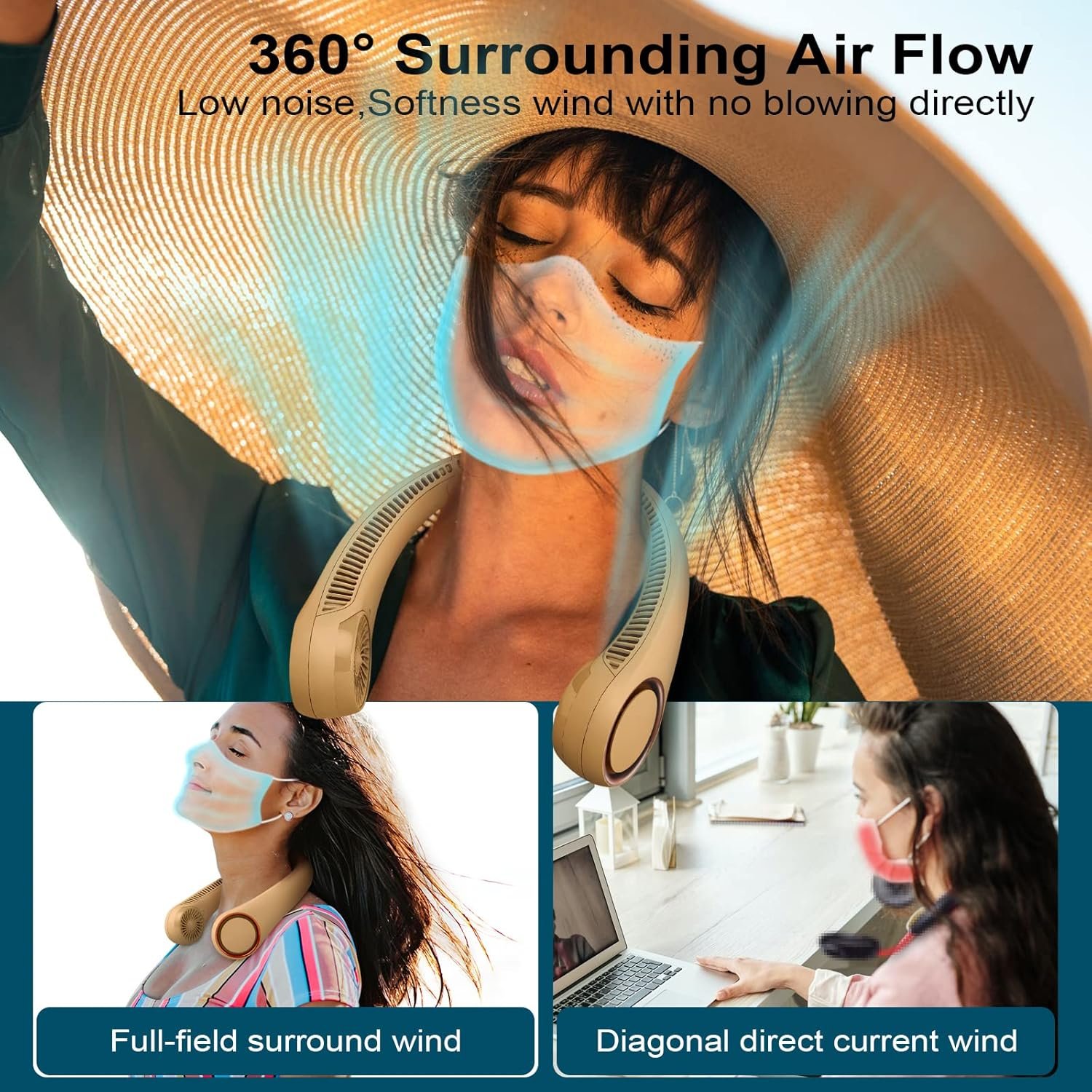CIVPOWER Neck Fan: Portable Personal Neck Cooling Rechargeable Bladeless Fan - Hands Free 3 Speed 4000 mAh Battery USB Operated Wearable Headphone Design - for Men Women Outdoor Indoor Caramel - Image 3