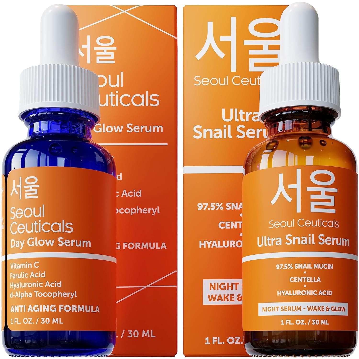 SeoulCeuticals Korean Skin Care Day & Night Serum Set - Potent Vitamin C Day Serum + Korean Snail Night Serum With Hyaluronic Acid + Centella + CE Ferulic for K Beauty Glow - Image 2