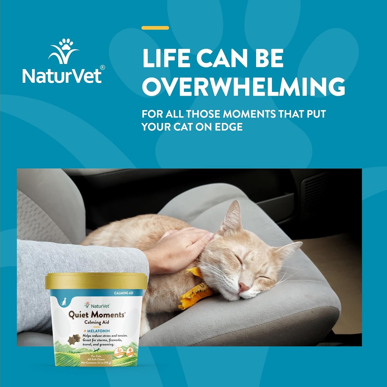 NaturVet –Quiet Moments Calming Aid for Cats Plus Melatonin – 60 Soft Chews – Helps Reduce Stress & Promote Relaxation – Great for Storms, Fireworks, Travel & Grooming - Image 5