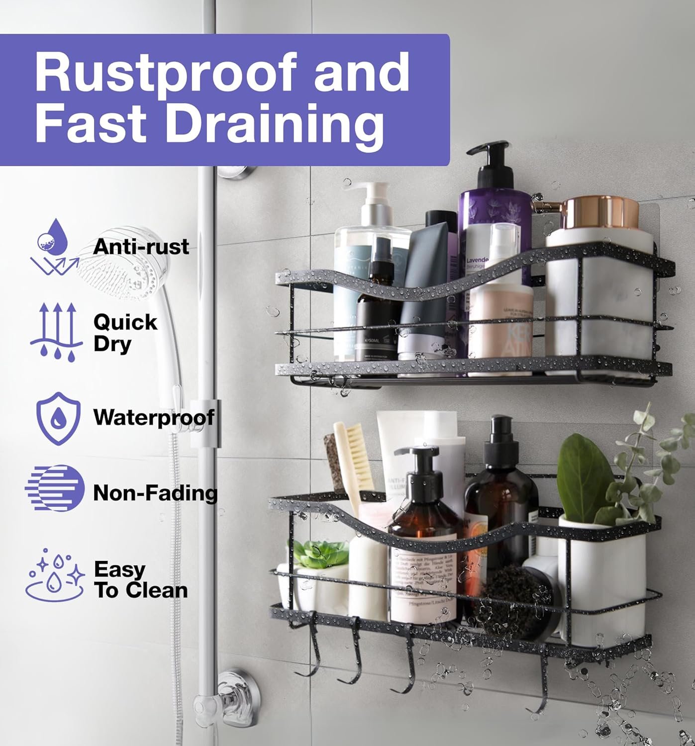 KINCMAX Premium Shower Caddy, Self Adhesive Wall Shower Organizer, 2-Pack No Drill Bathroom Shower Shelves for Inside Shower, Rustproof Stainless Steel Shampoo Holder, Shower Storage Rack, Matte Black - Image 6